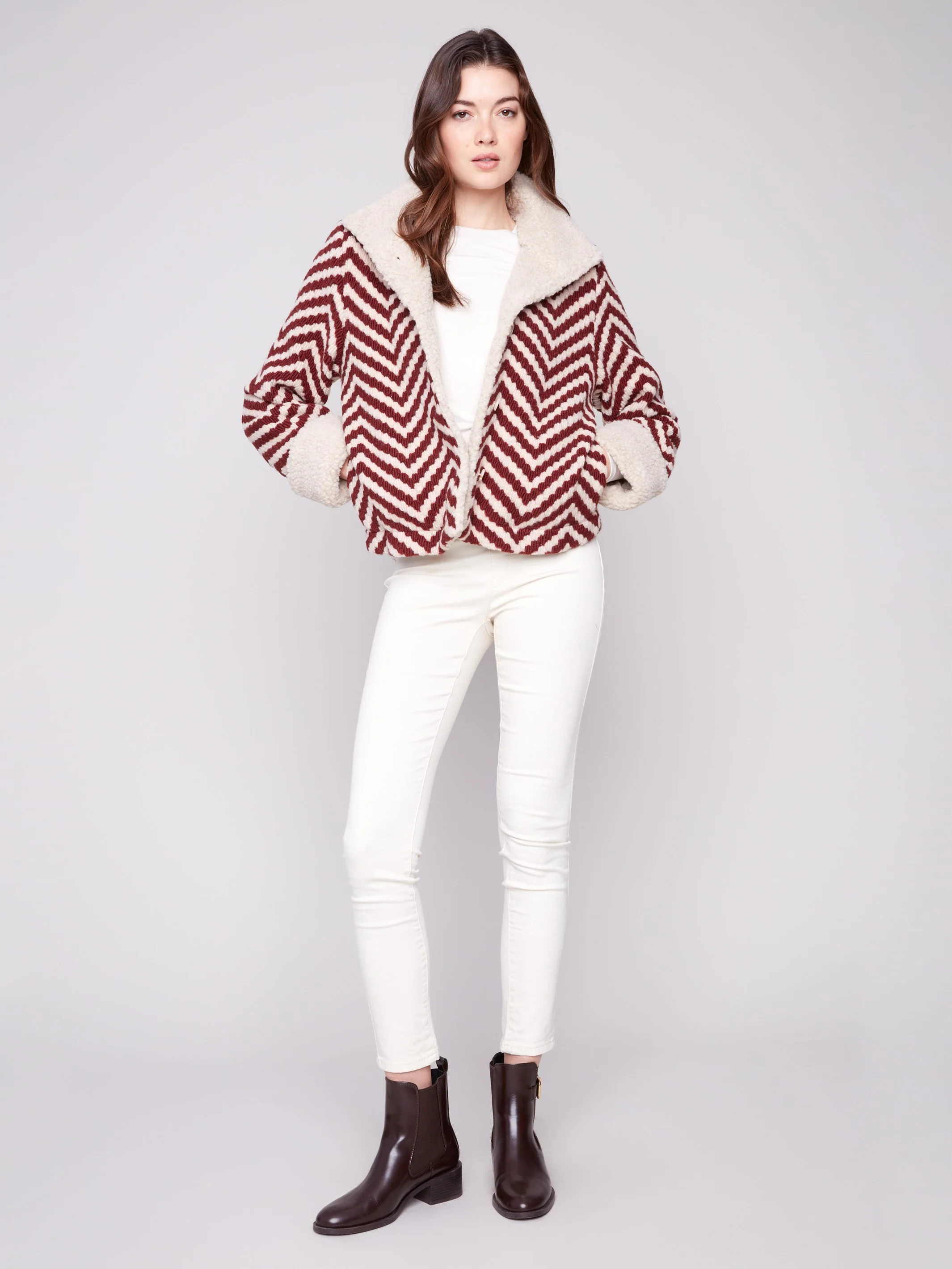 Chevron Bouclé Short Jacket With Sherpa Trim - Cabernet - WHSBYS