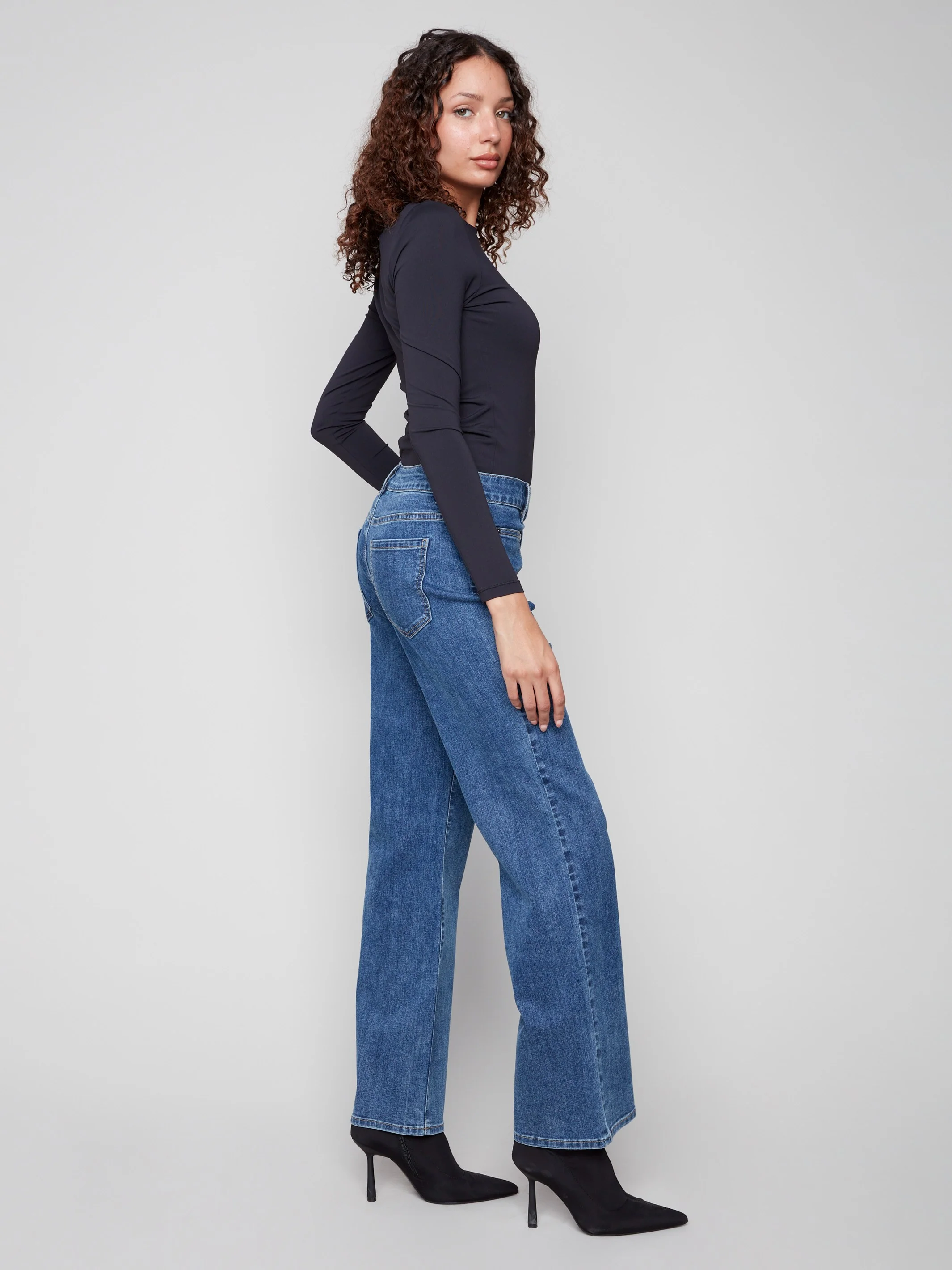 Patch Pocket Flare Jeans With Rivets - Medium Blue - WHSBYS