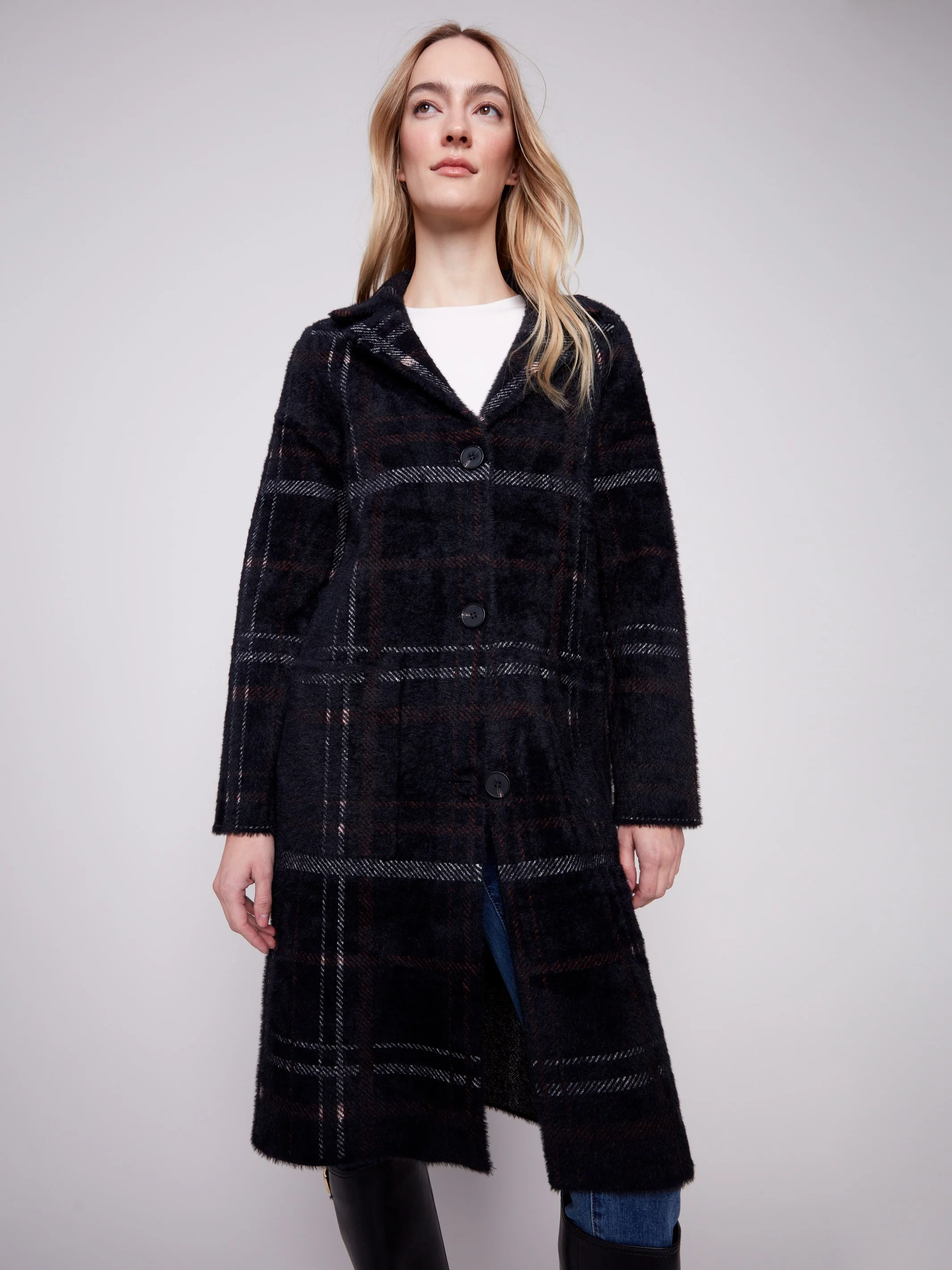 Long Plaid Knit Coatigan - Mocha - WHSBYS