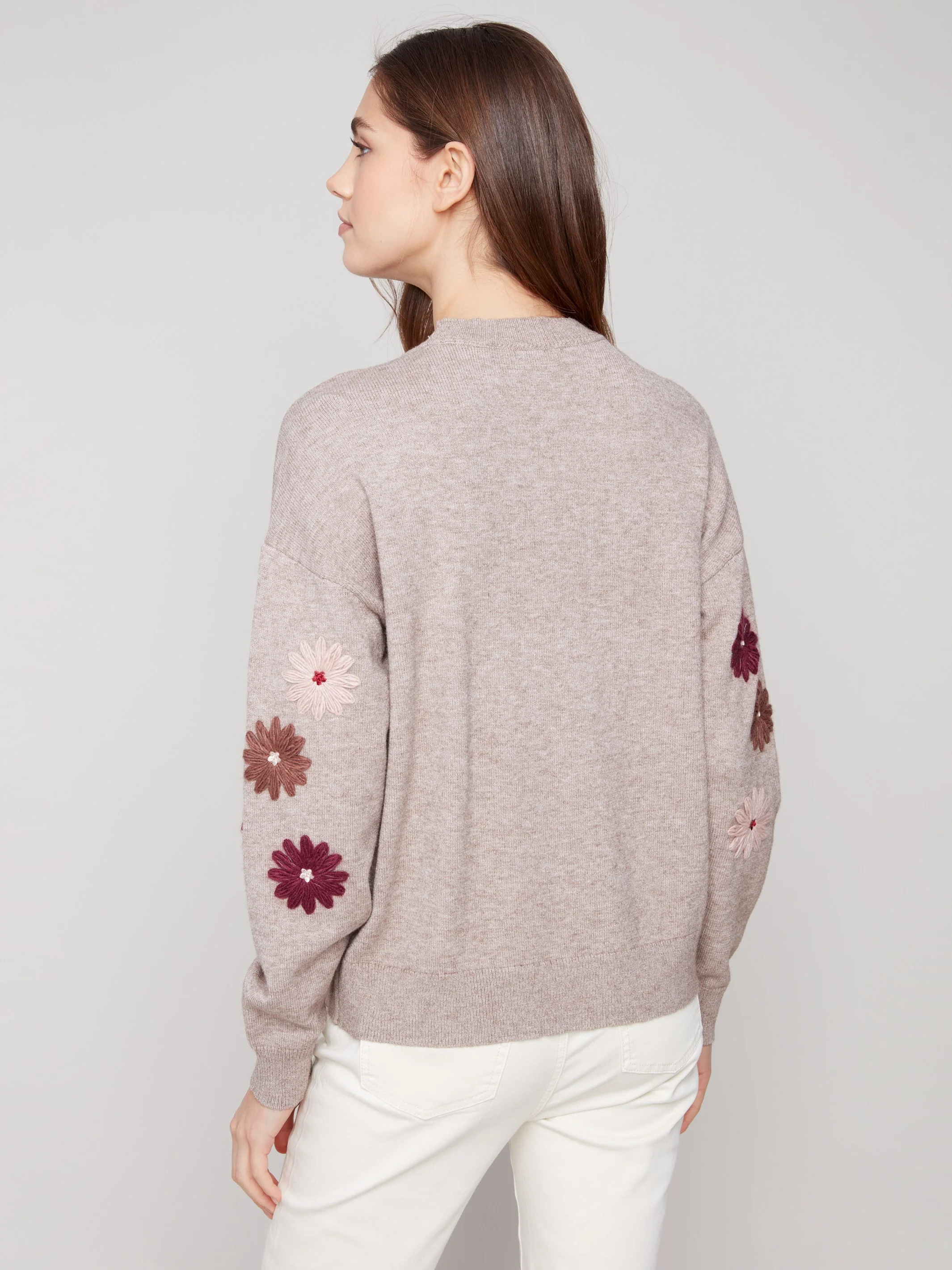 Floral Embroidery Crew Neck Sweater - Heather Taupe - WHSBYS