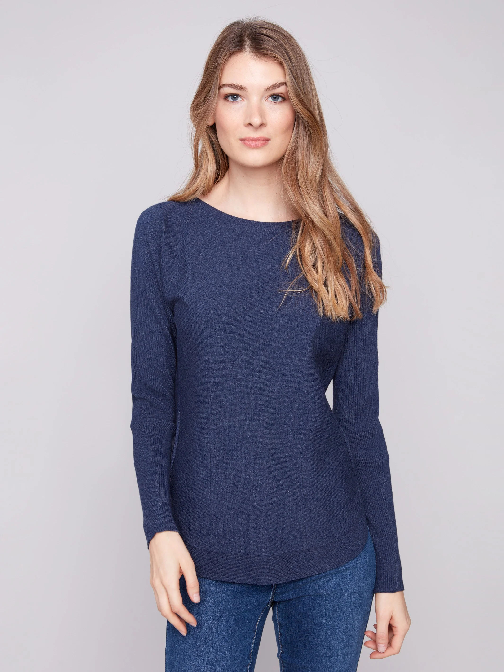 Knit Sweater With Back Lace-Up Detail - Heather Denim - WHSBYS