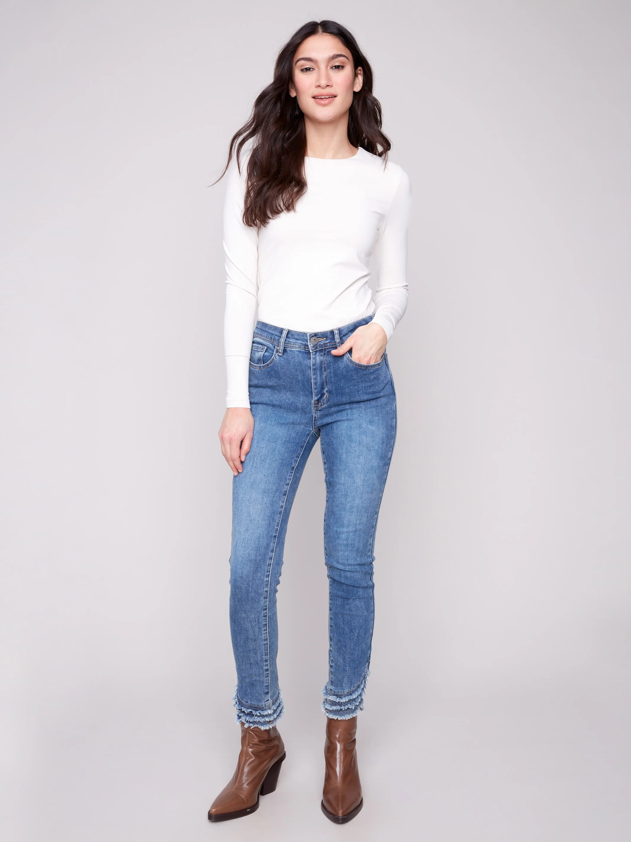 Frayed Hem Denim Pants - Medium Blue - WHSBYS