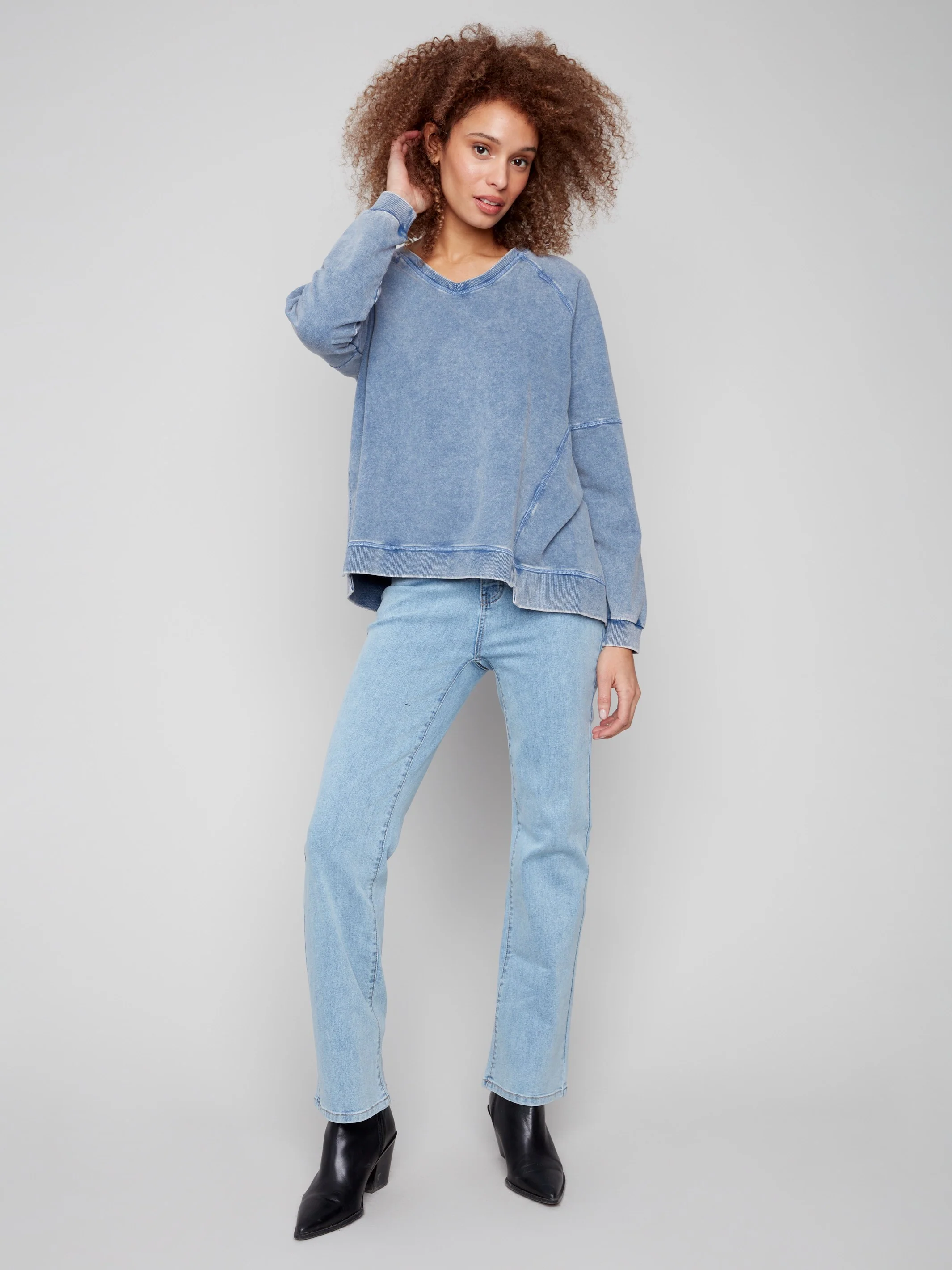 Cold Dye French Terry V-Neck Top - Denim - WHSBYS