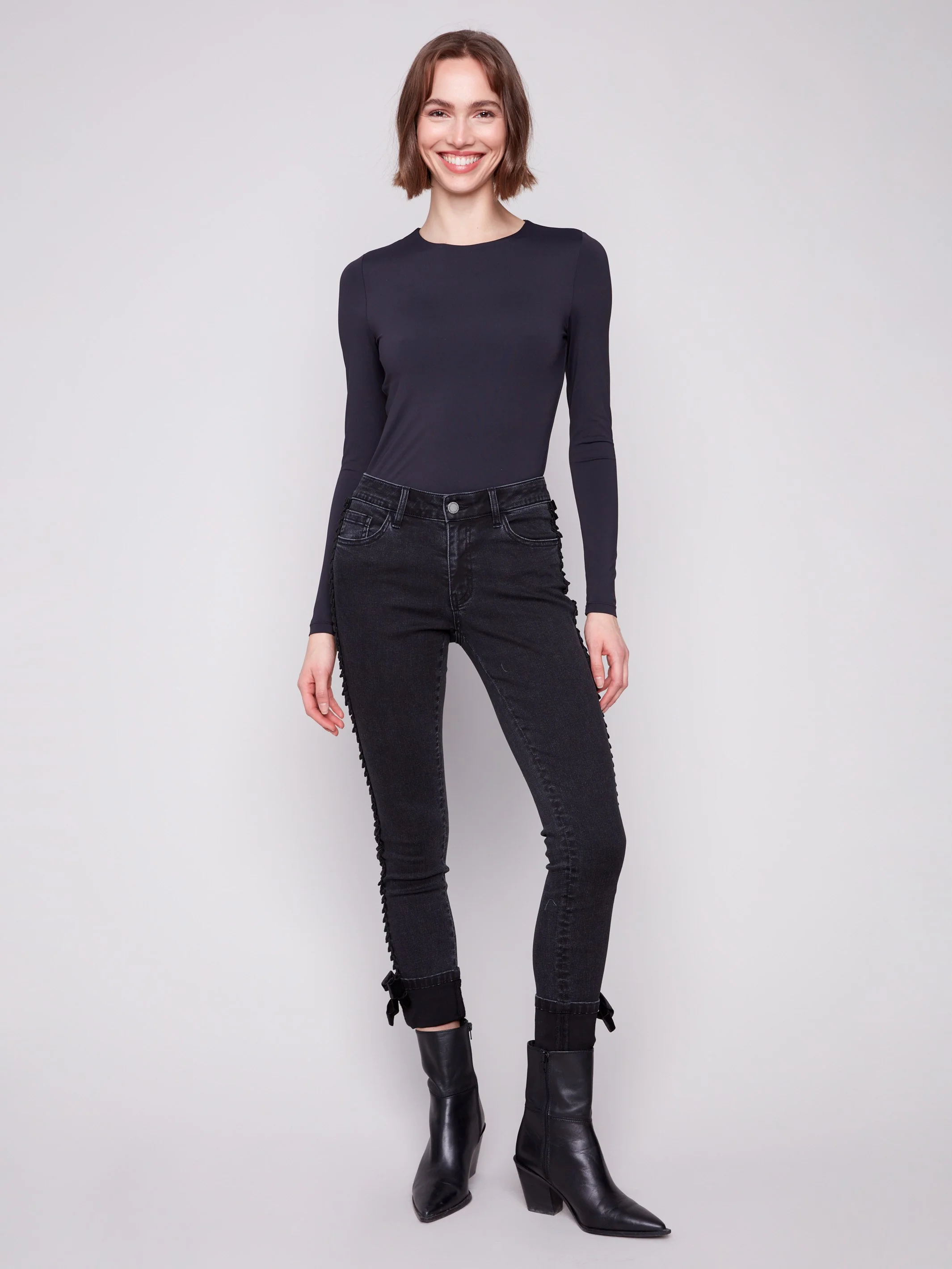 Slim Leg Jeans With Velvet Bow - Charcoal - WHSBYS