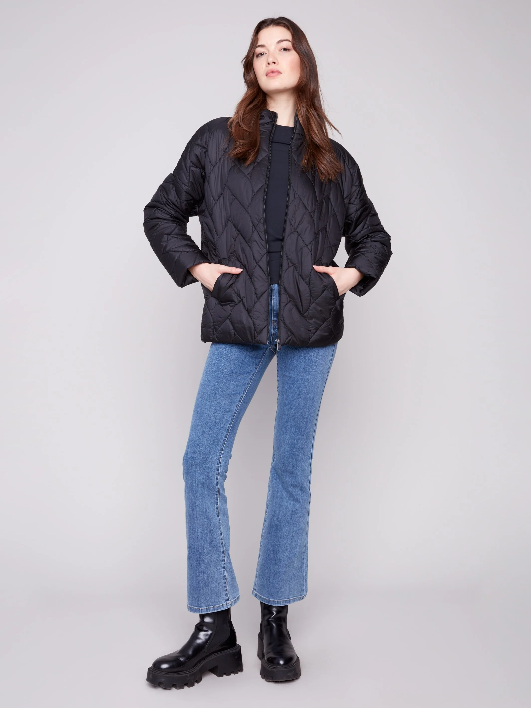 Jacquard Quilted Puffer Jacket - Black/Cream - WHSBYS