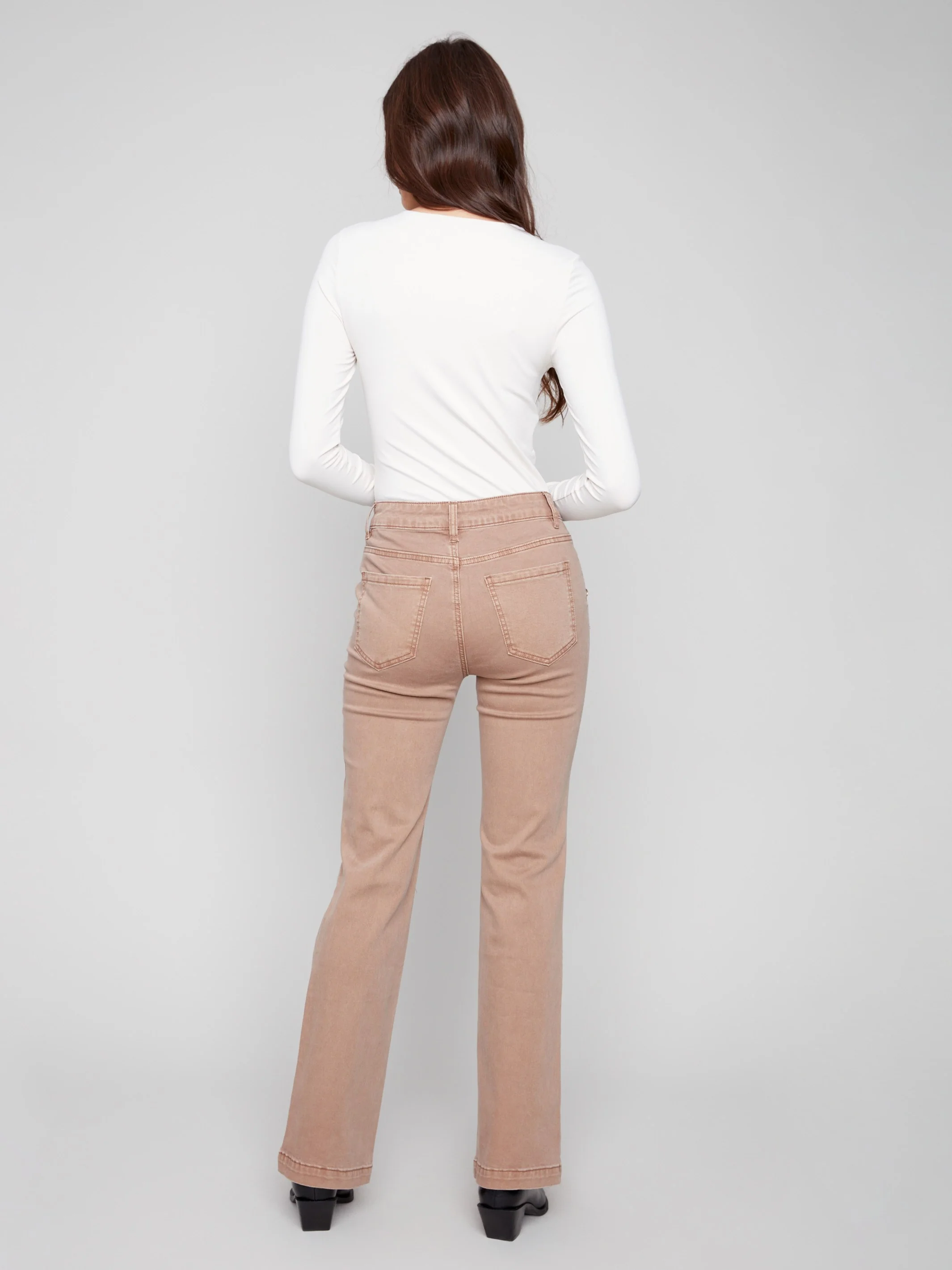 Flare Leg Stretch Twill Pants With Buttons - Truffle - WHSBYS