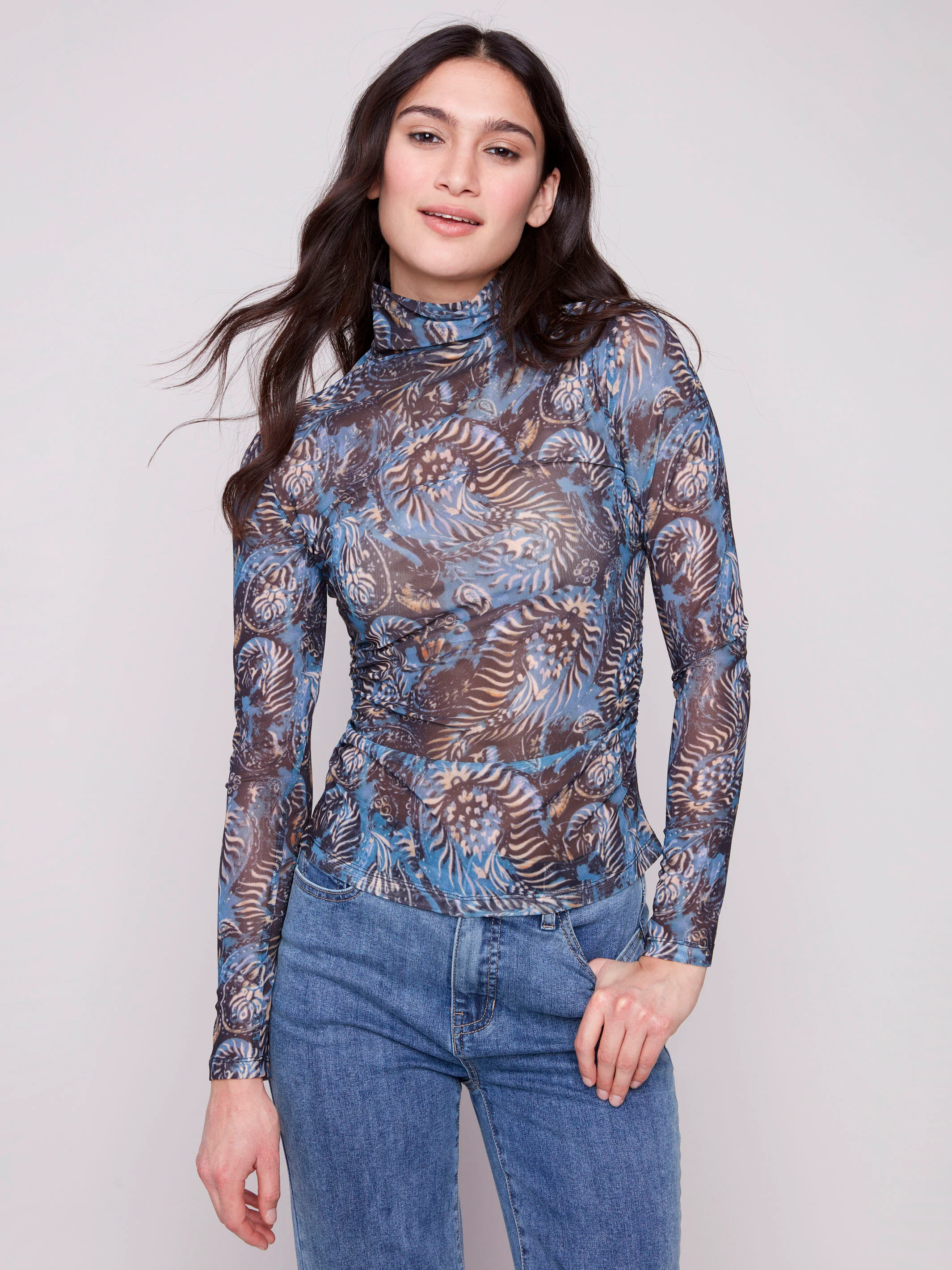 Printed Mock Neck Mesh Top - Midnight - WHSBYS