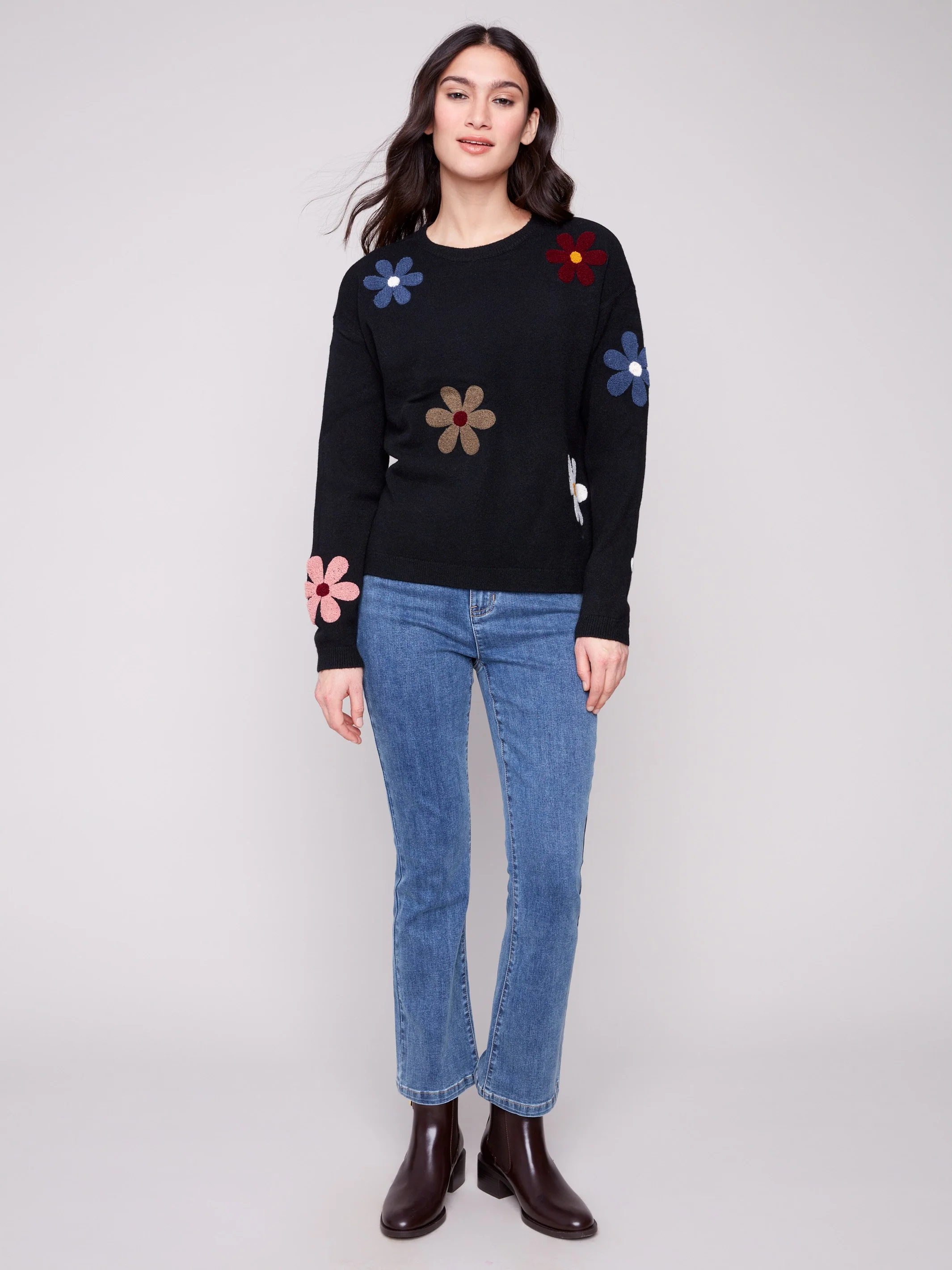 Plush Sweater with Boucle Flowers - Black - WHSBYS