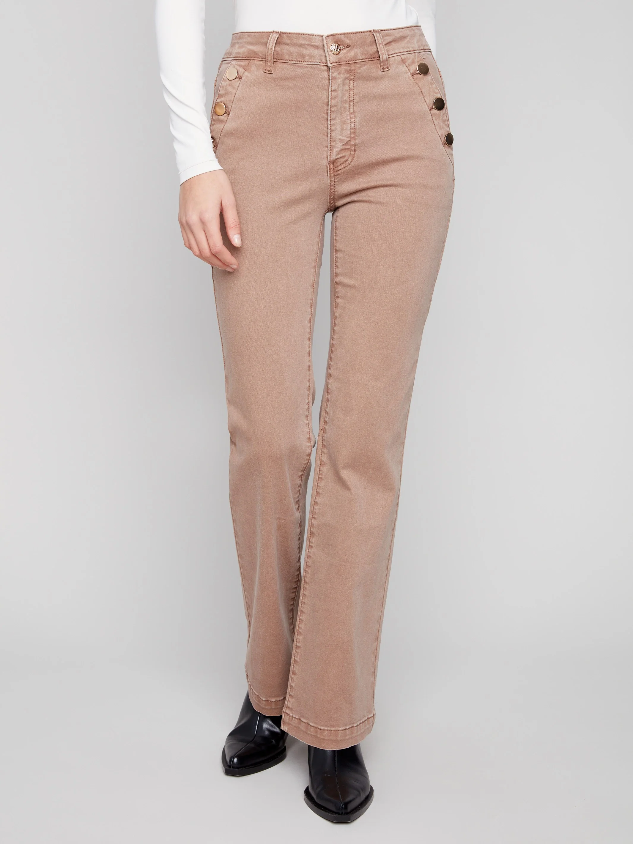 Flare Leg Stretch Twill Pants With Buttons - Truffle - WHSBYS