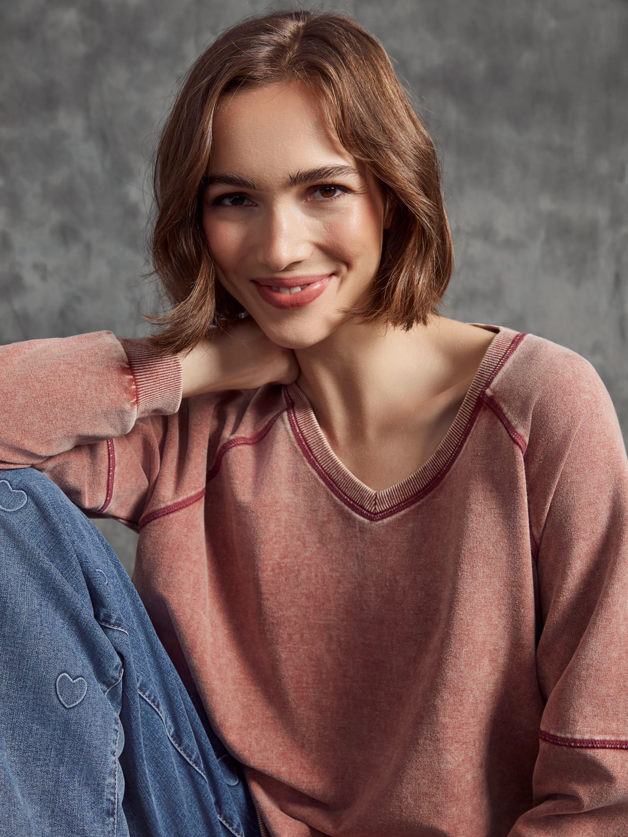 Cold Dye French Terry V-Neck Top - Cabernet - WHSBYS