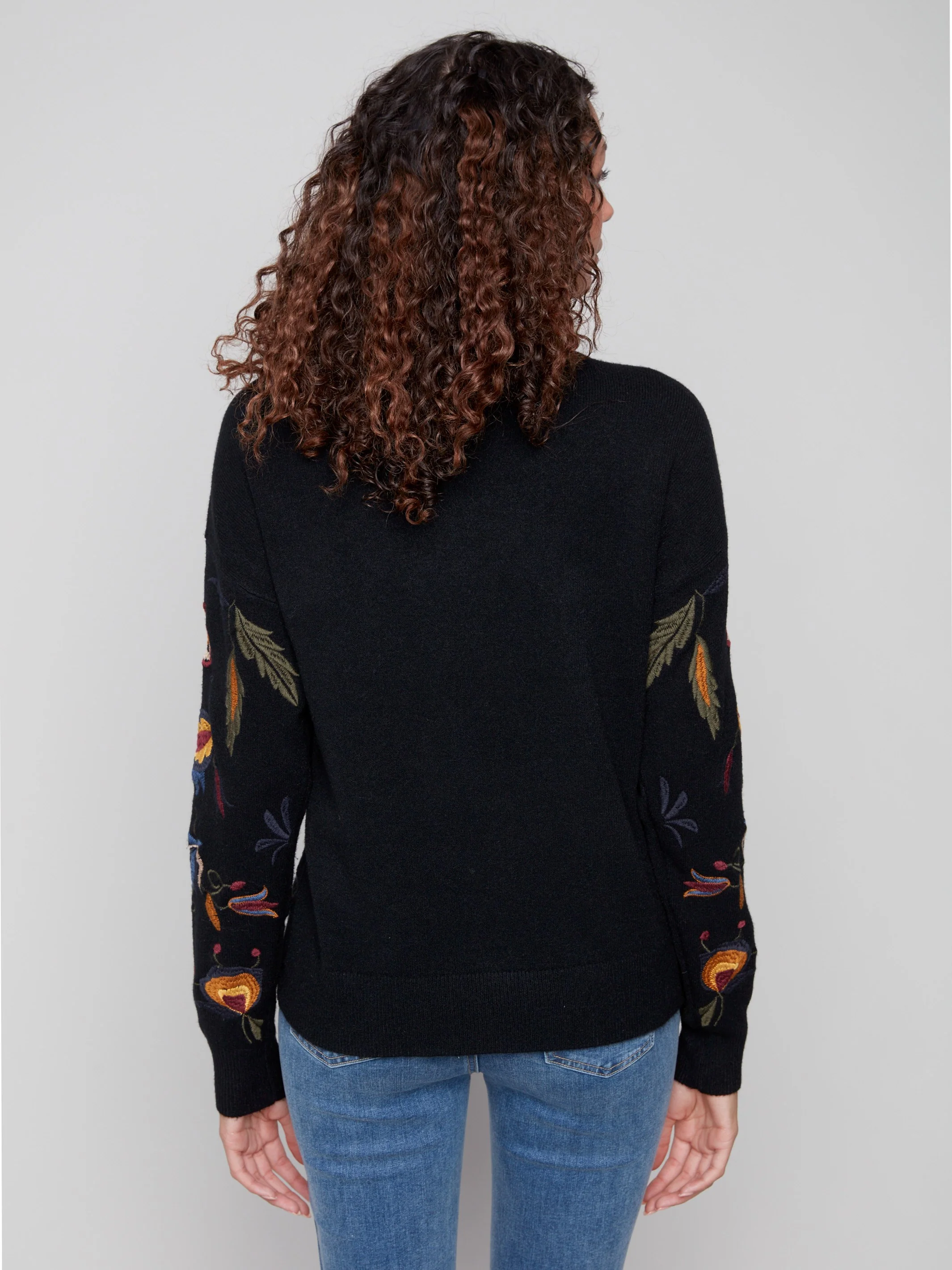 Embroidered Mock Neck Sweater - Black - WHSBYS