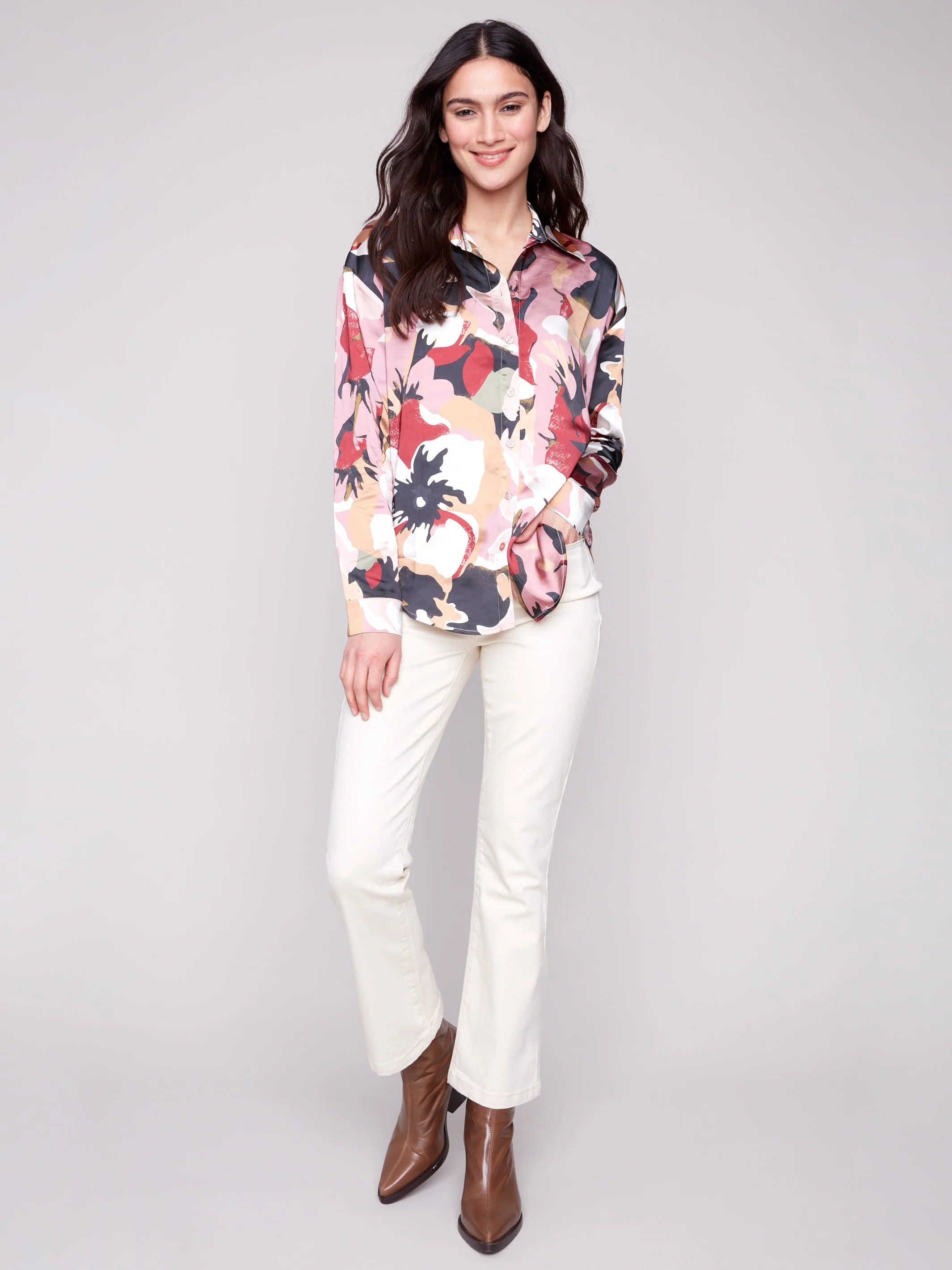 Printed Satin Button-Down Shirt - Flowery - WHSBYS