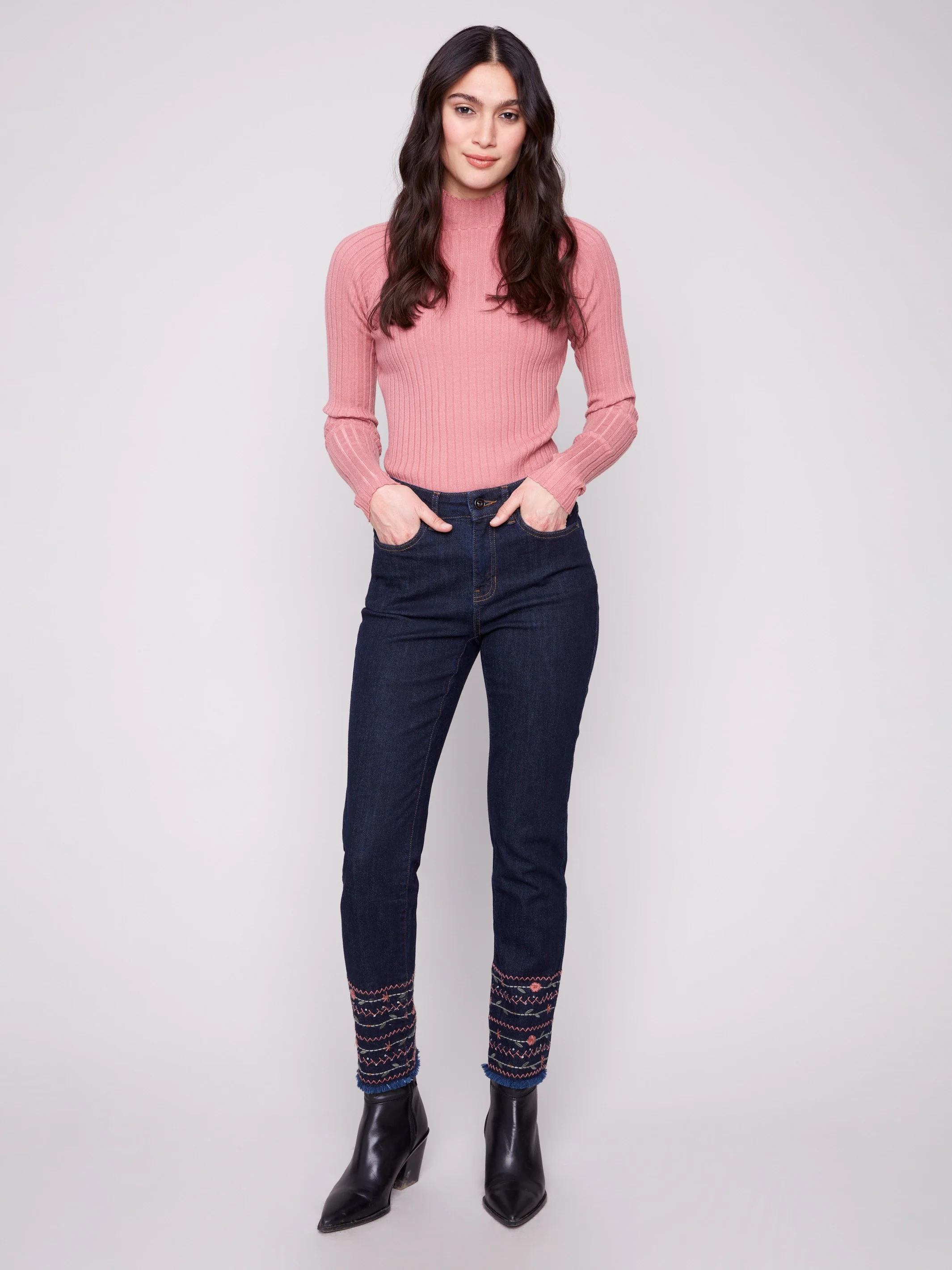 Embroidered Hem Jeans - Deep Blue - WHSBYS