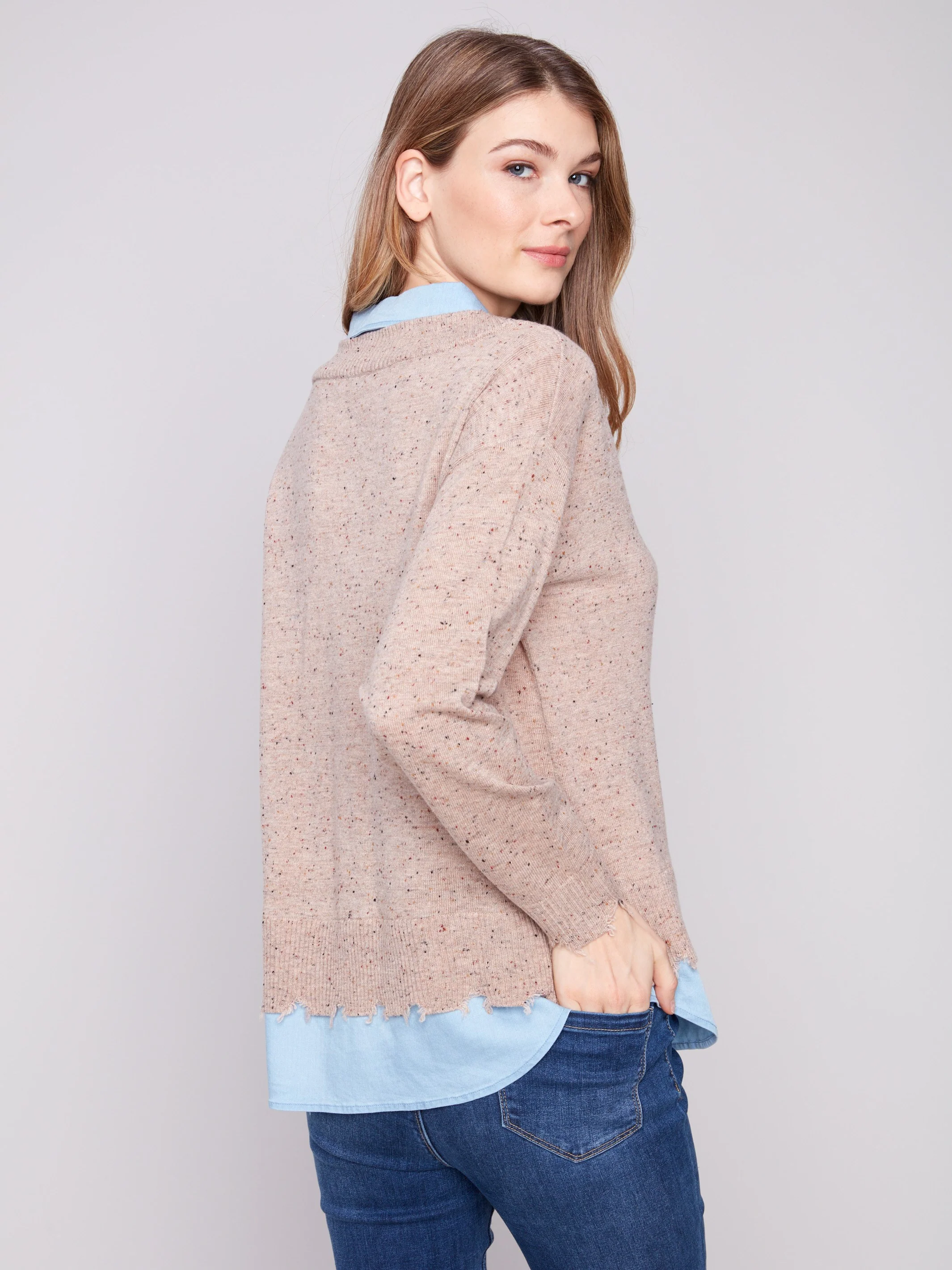 V-Neck Fooler Sweater With Shirt Collar - Oat Flecks - WHSBYS