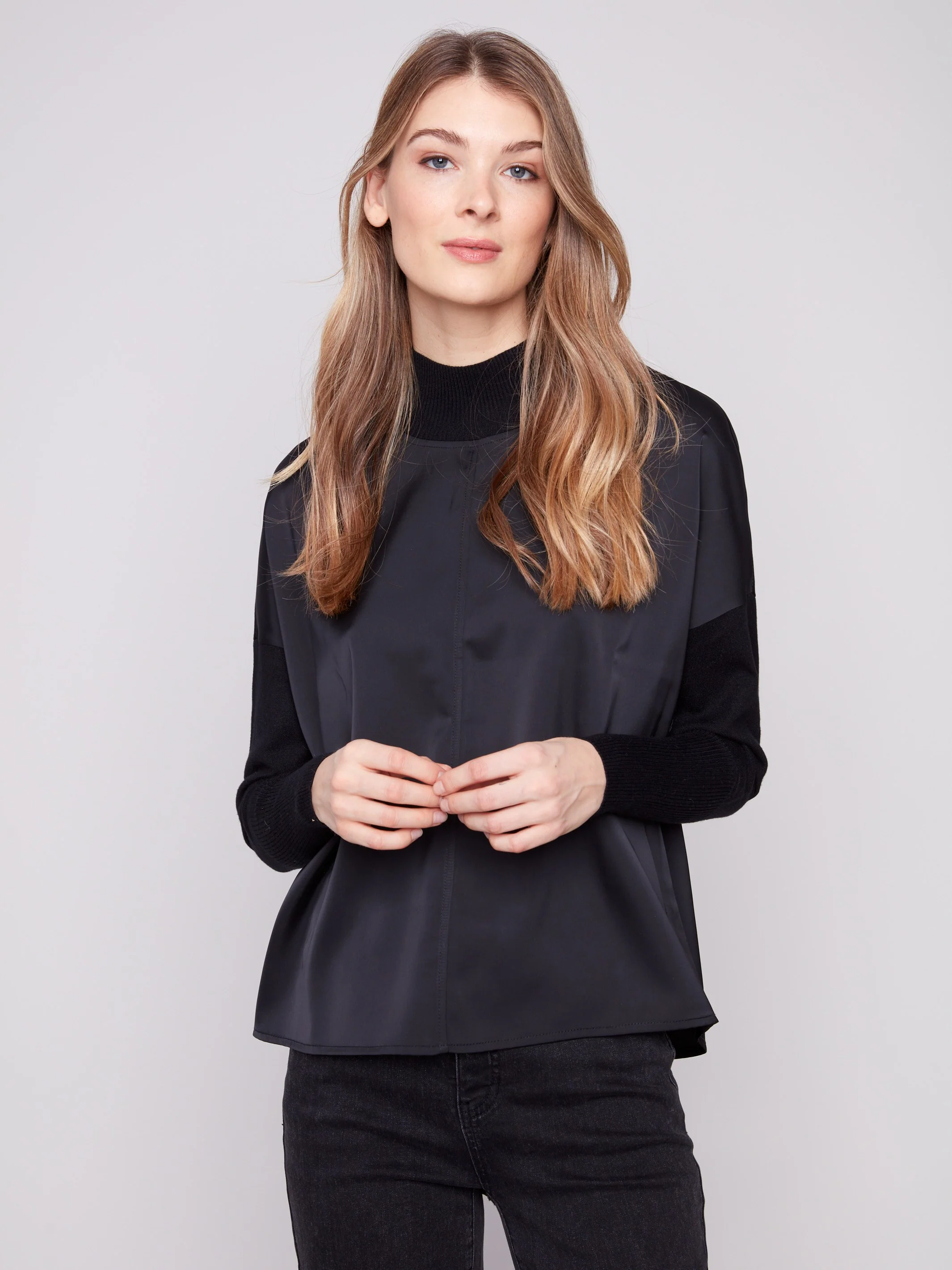 Satin Knit Top With Mock Neck - Black - WHSBYS