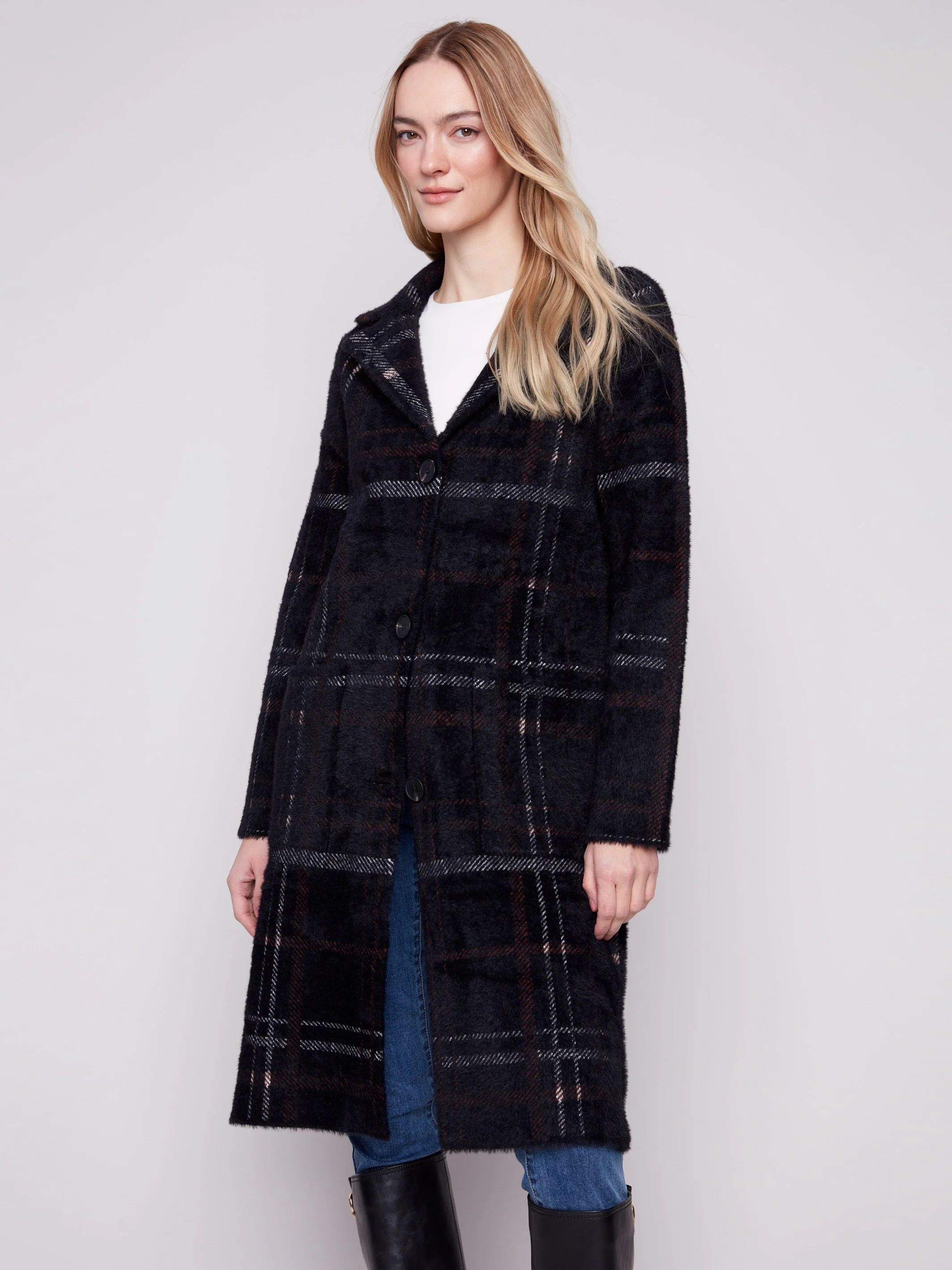 Long Plaid Knit Coatigan - Mocha - WHSBYS