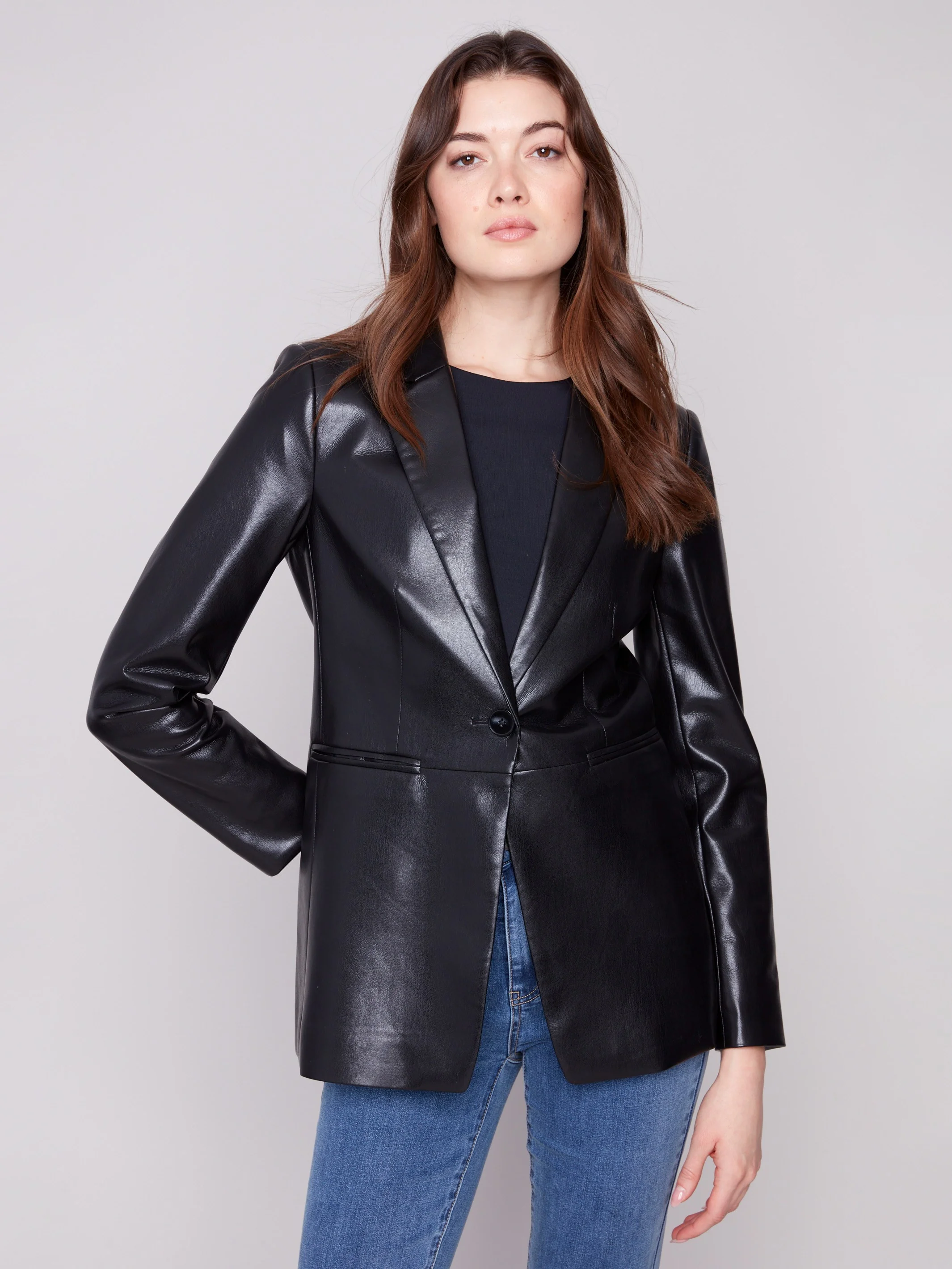 Faux Leather Blazer - Black - WHSBYS