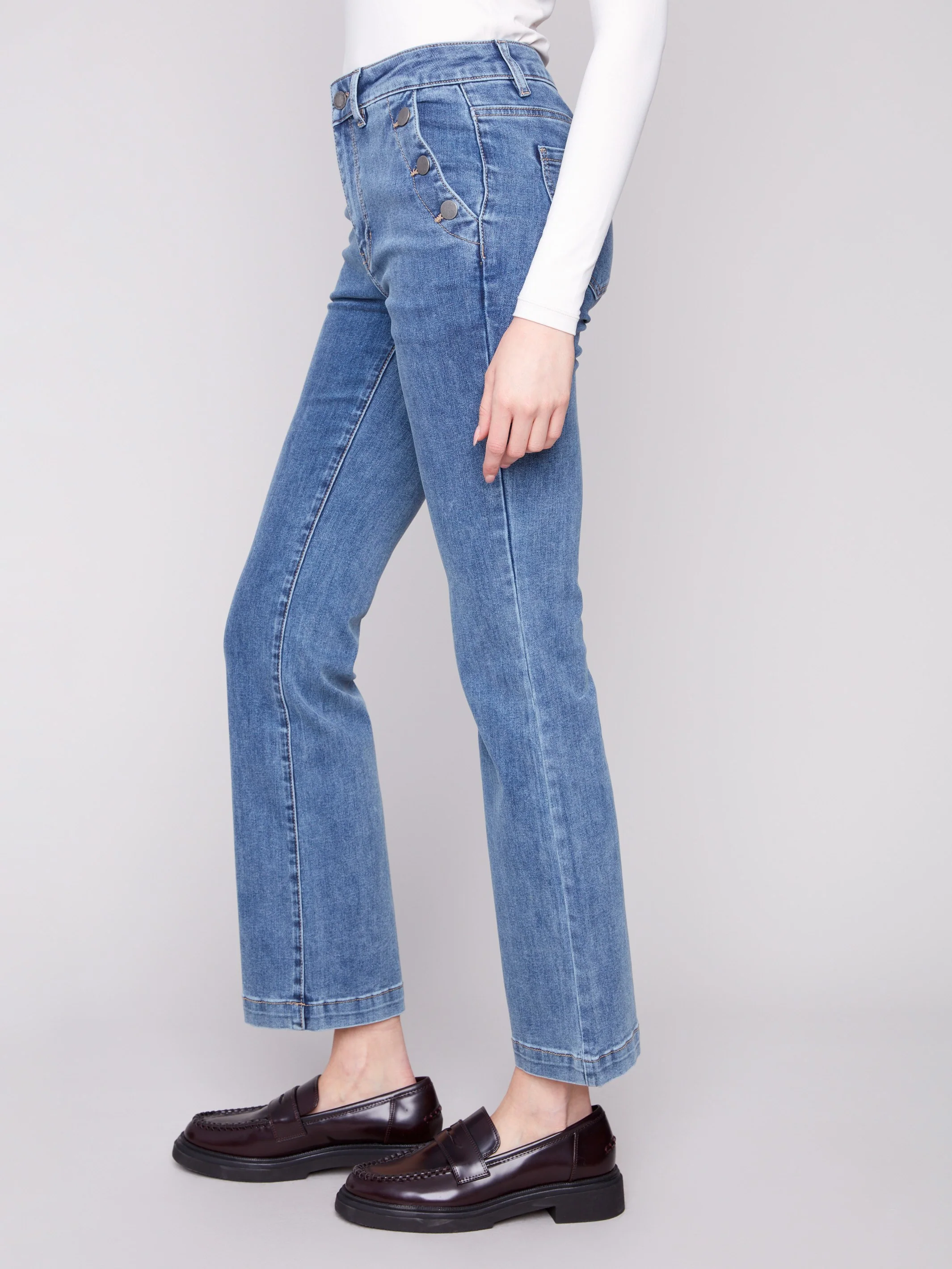 Flare Leg Stretch Jeans With Buttons - Medium Blue - WHSBYS