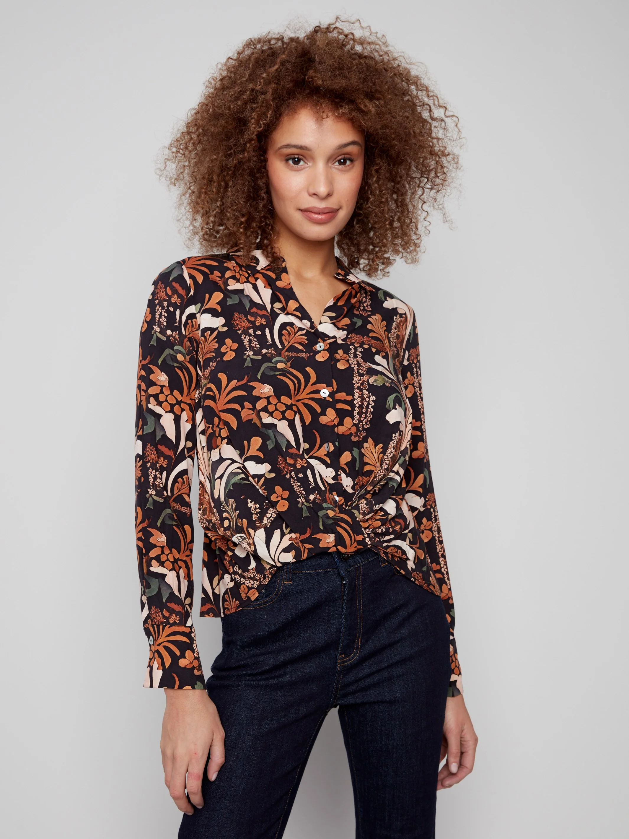 Printed Viscose Button-Down Shirt With Twisted Front - Batik - WHSBYS