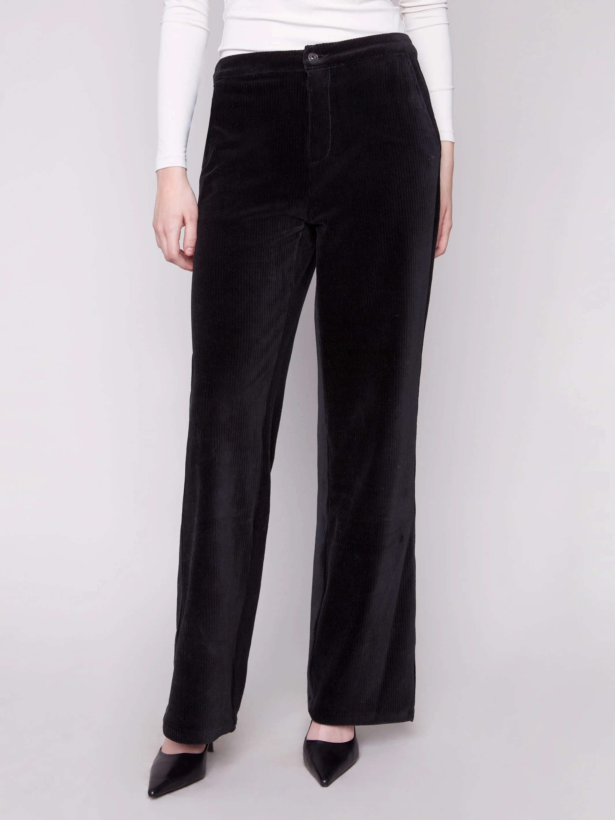 Wide Leg Stretch Corduroy Pants - Black - WHSBYS