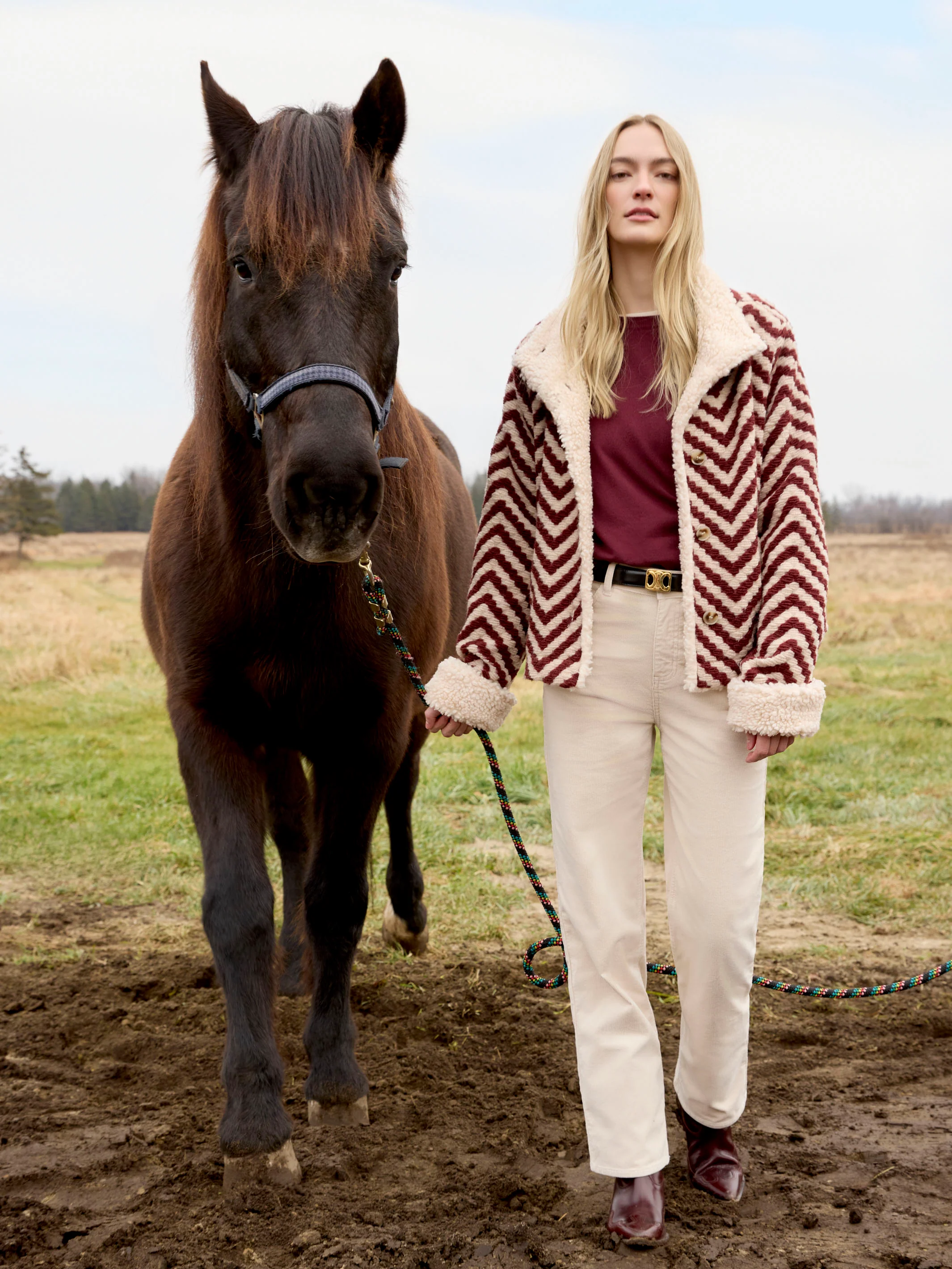 Chevron Bouclé Short Jacket With Sherpa Trim - Cabernet - WHSBYS