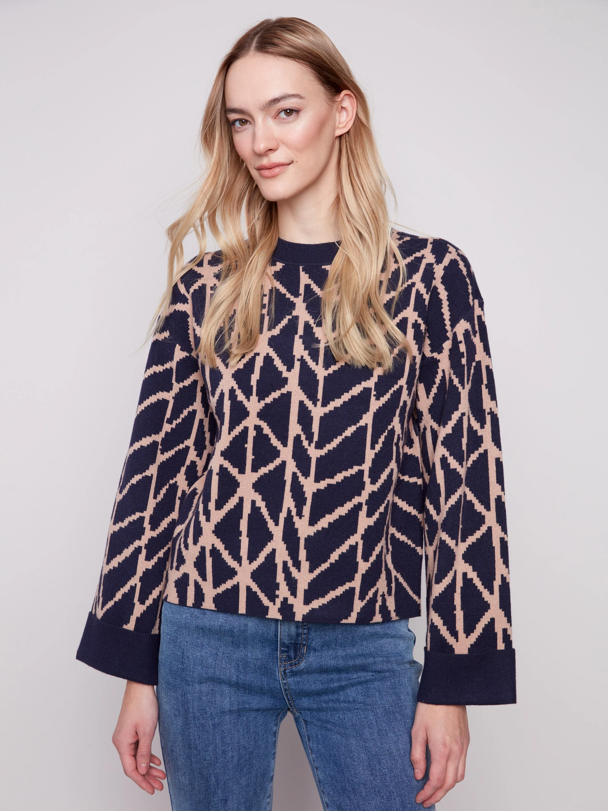 Jacquard Sweater With Folded Cuffs - Navy - WHSBYS