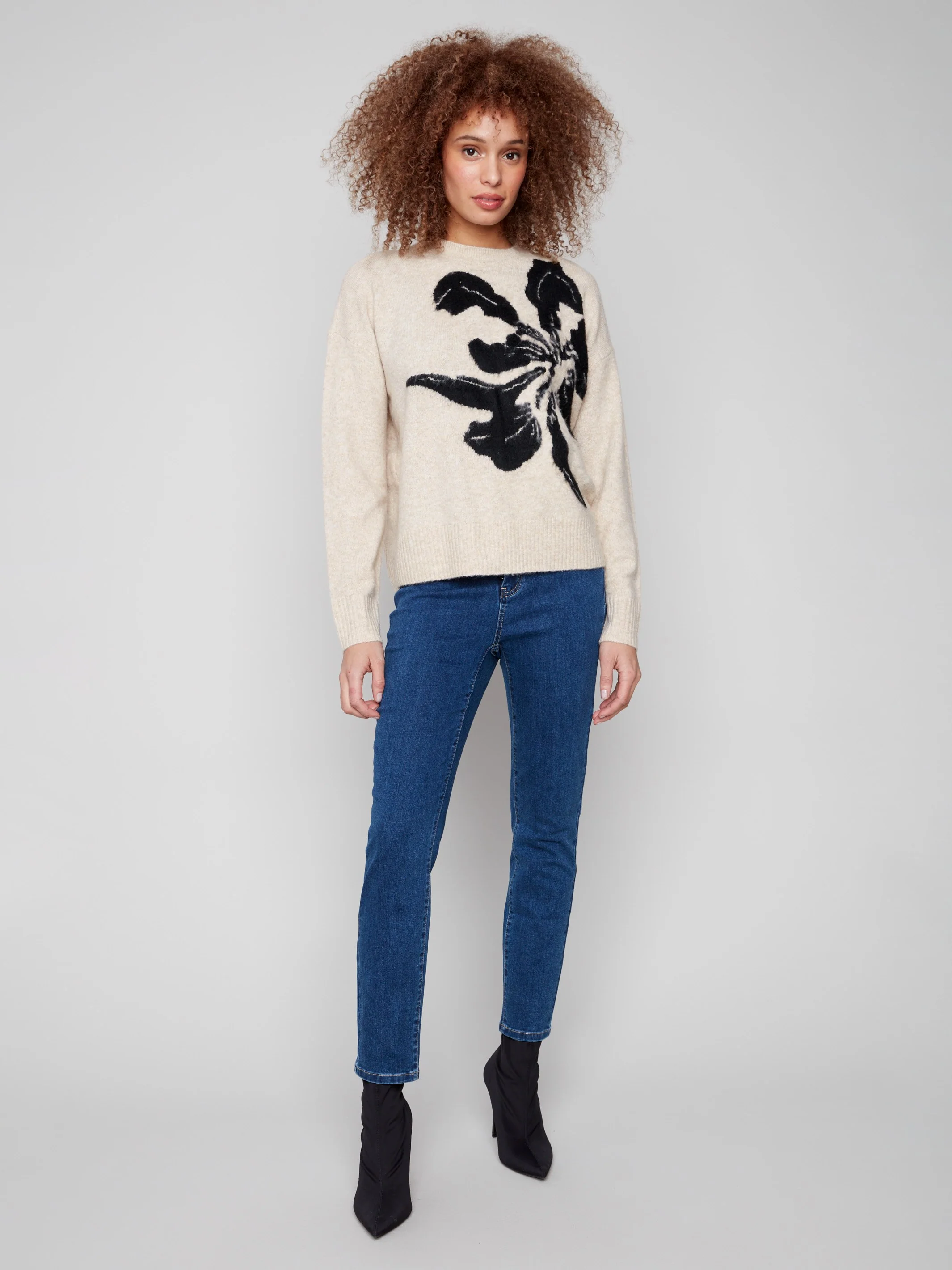 Floral Jacquard Crew Neck Sweater - Flowers - WHSBYS