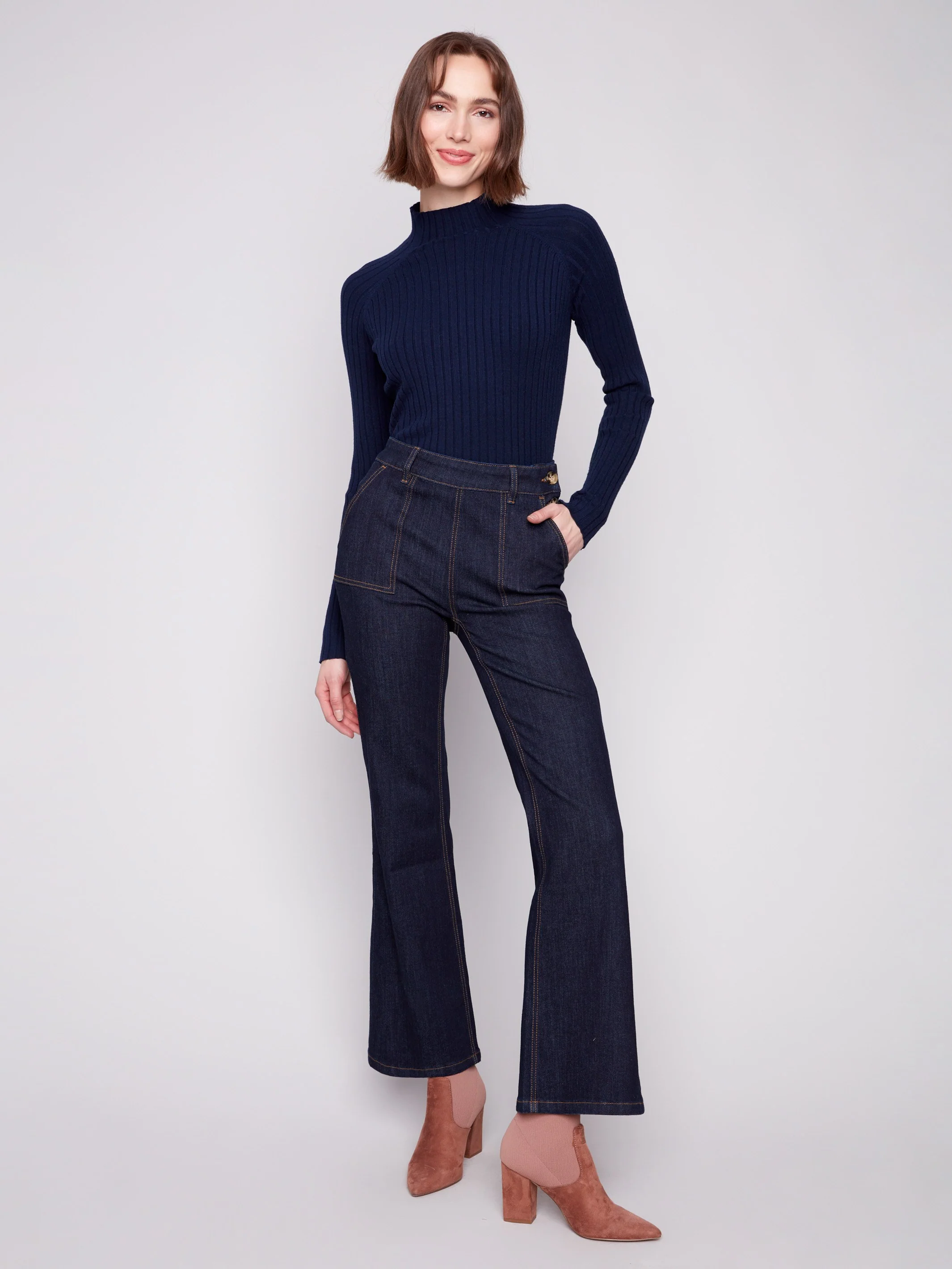 Flare Leg Jeans With Side Buttons - Deep Blue - WHSBYS