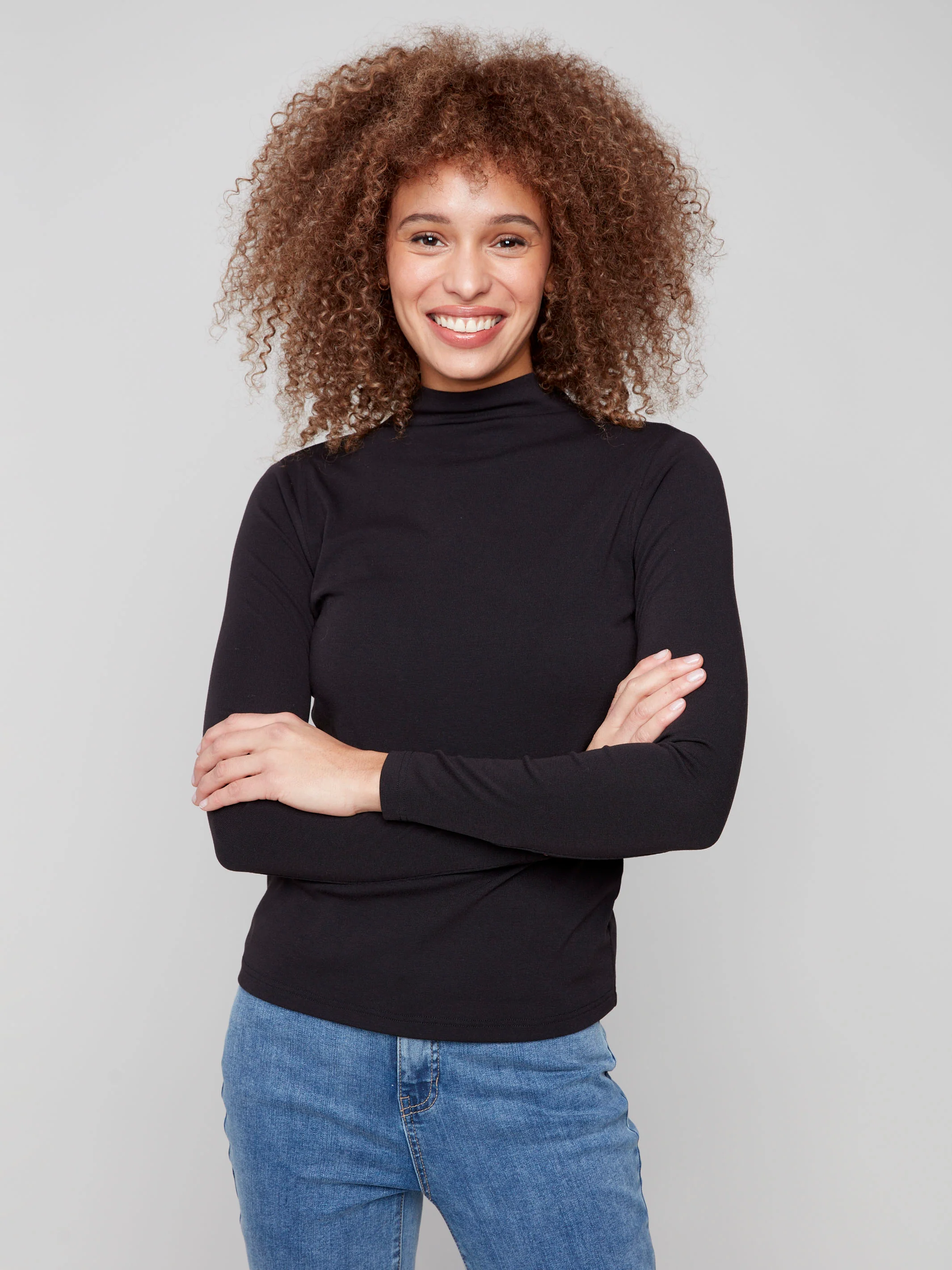 Long Sleeve Mock Neck Top - Black - WHSBYS