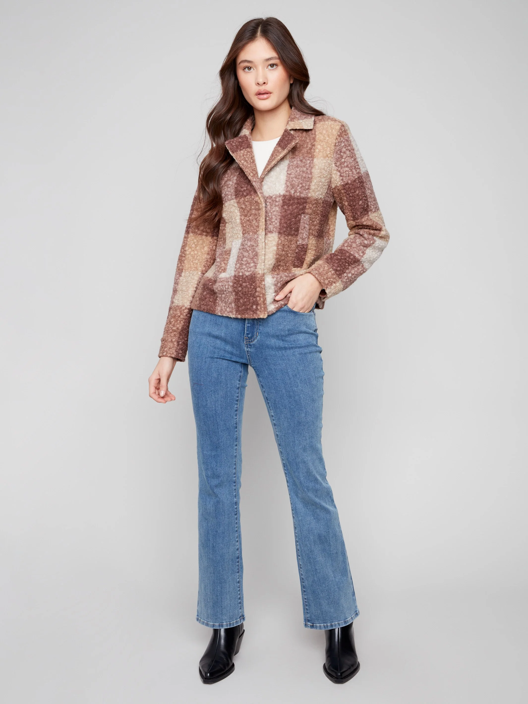 Plaid Bouclé Knit Short Coat - Mocha - WHSBYS