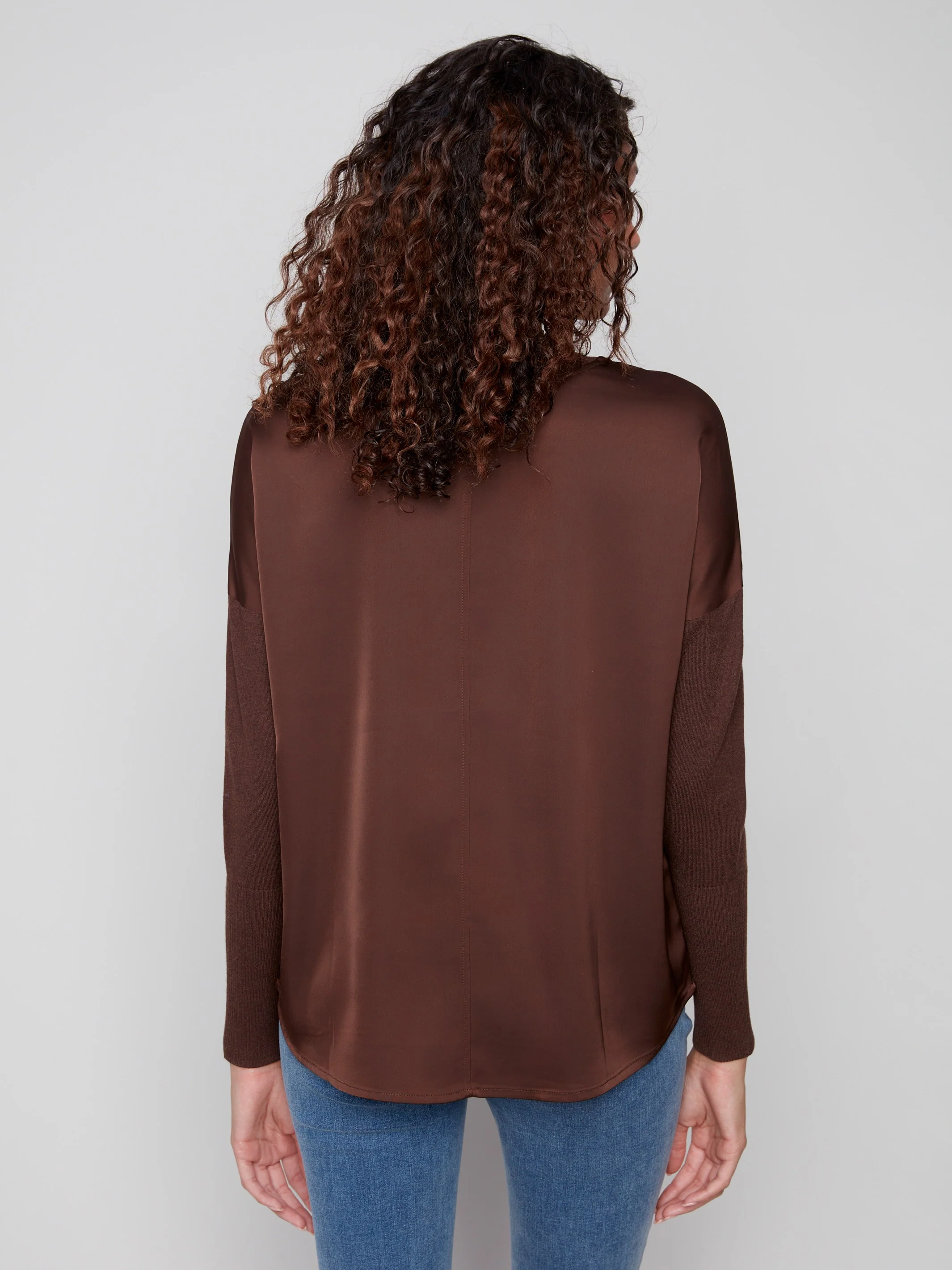 Satin Knit Top With Mock Neck - Mocha - WHSBYS