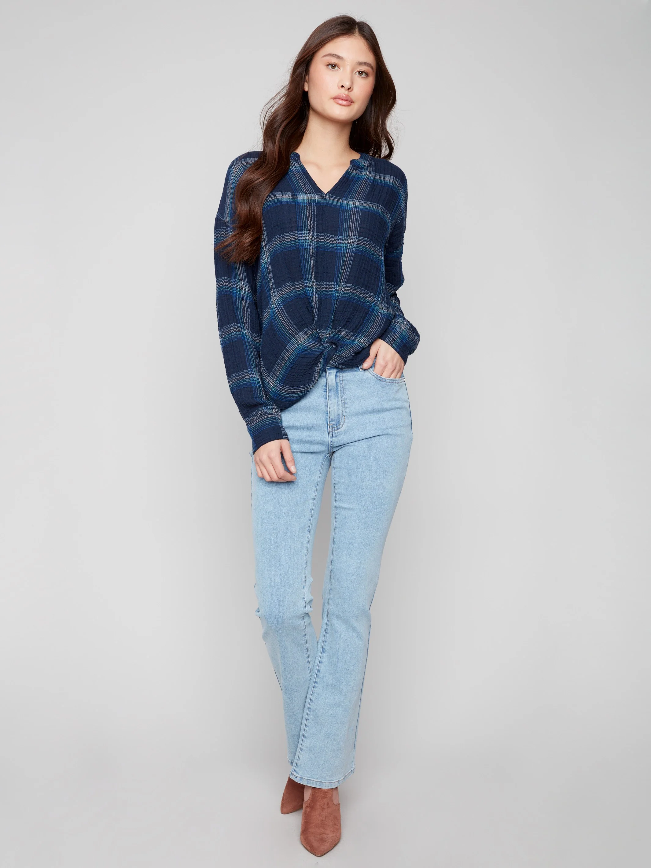 Plaid Double Gauze Blouse With Front Knot - Lapis - WHSBYS