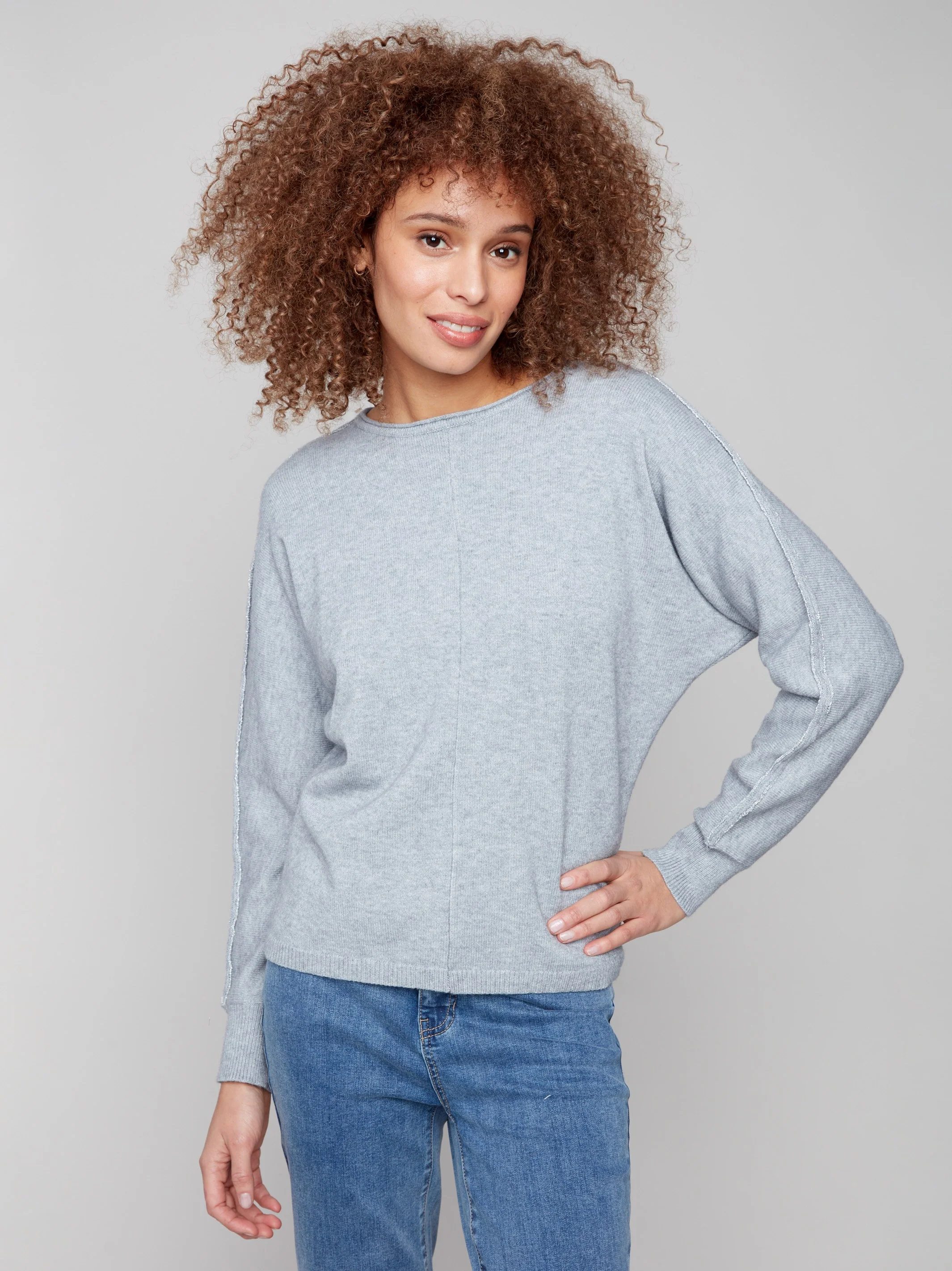 Sweater With Metallic Sleeve Detail - Heather Grey - WHSBYS