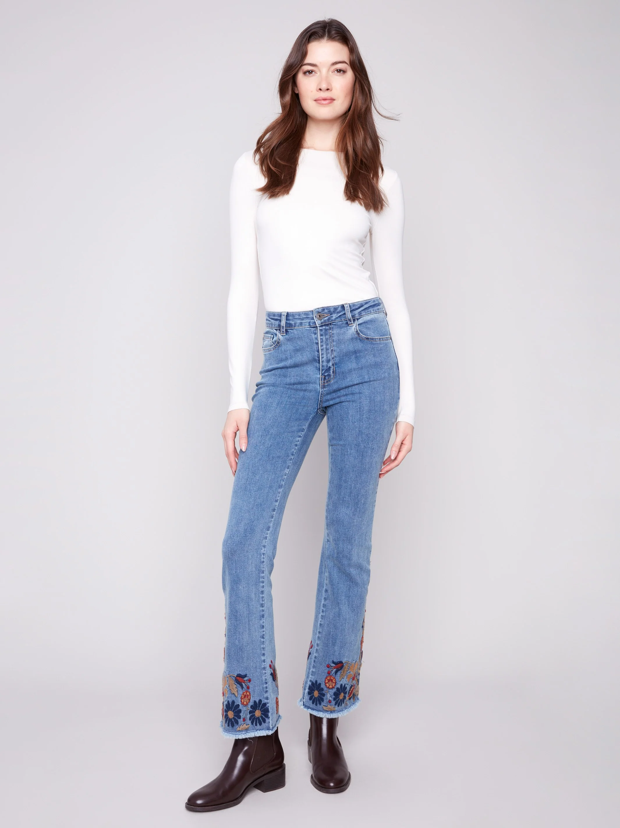 Flare Leg Jeans With Colorful Floral Embroidery - Medium Blue - WHSBYS