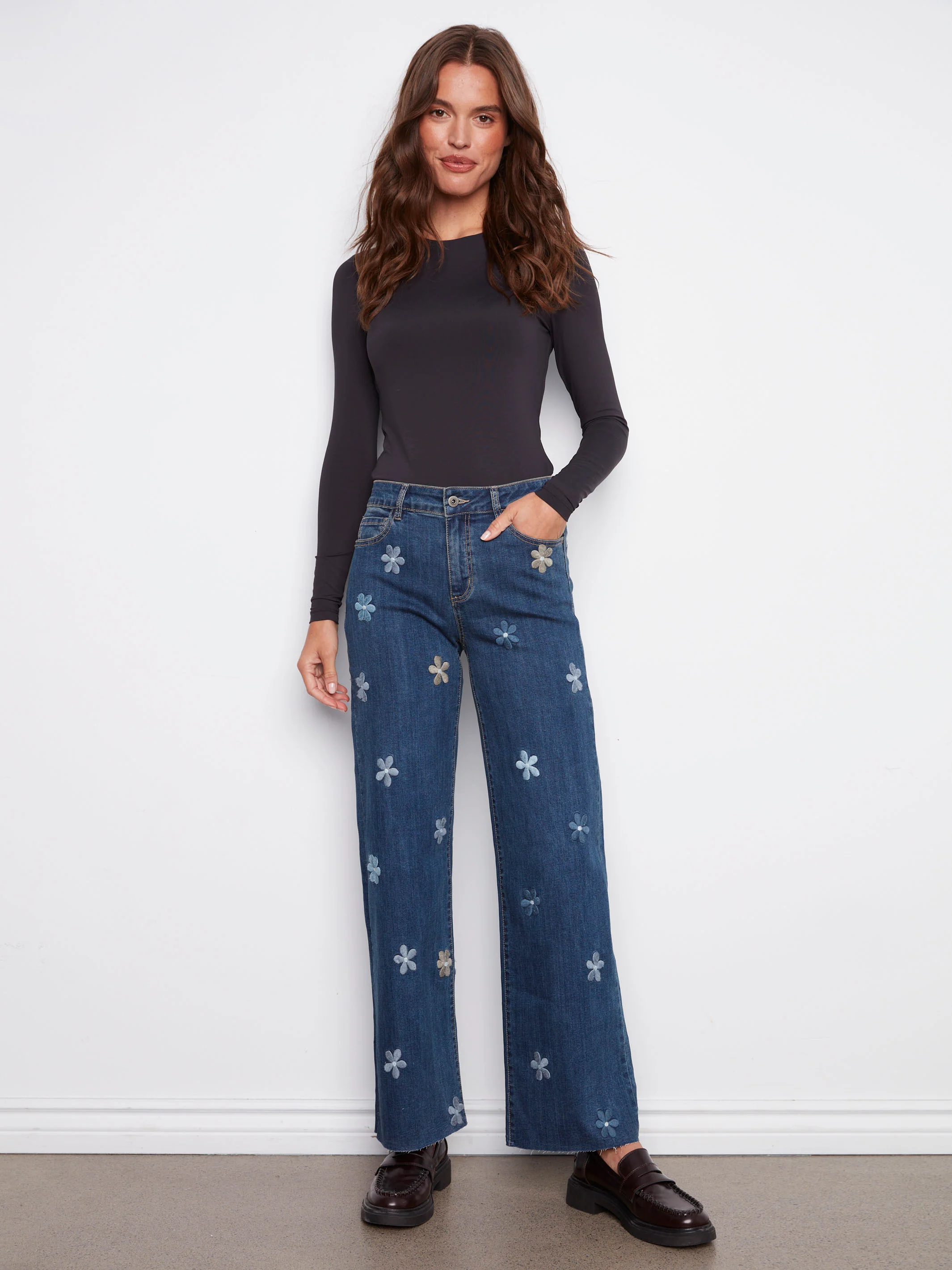 Wide Leg Jeans With Flower Patches - Indigo - WHSBYS