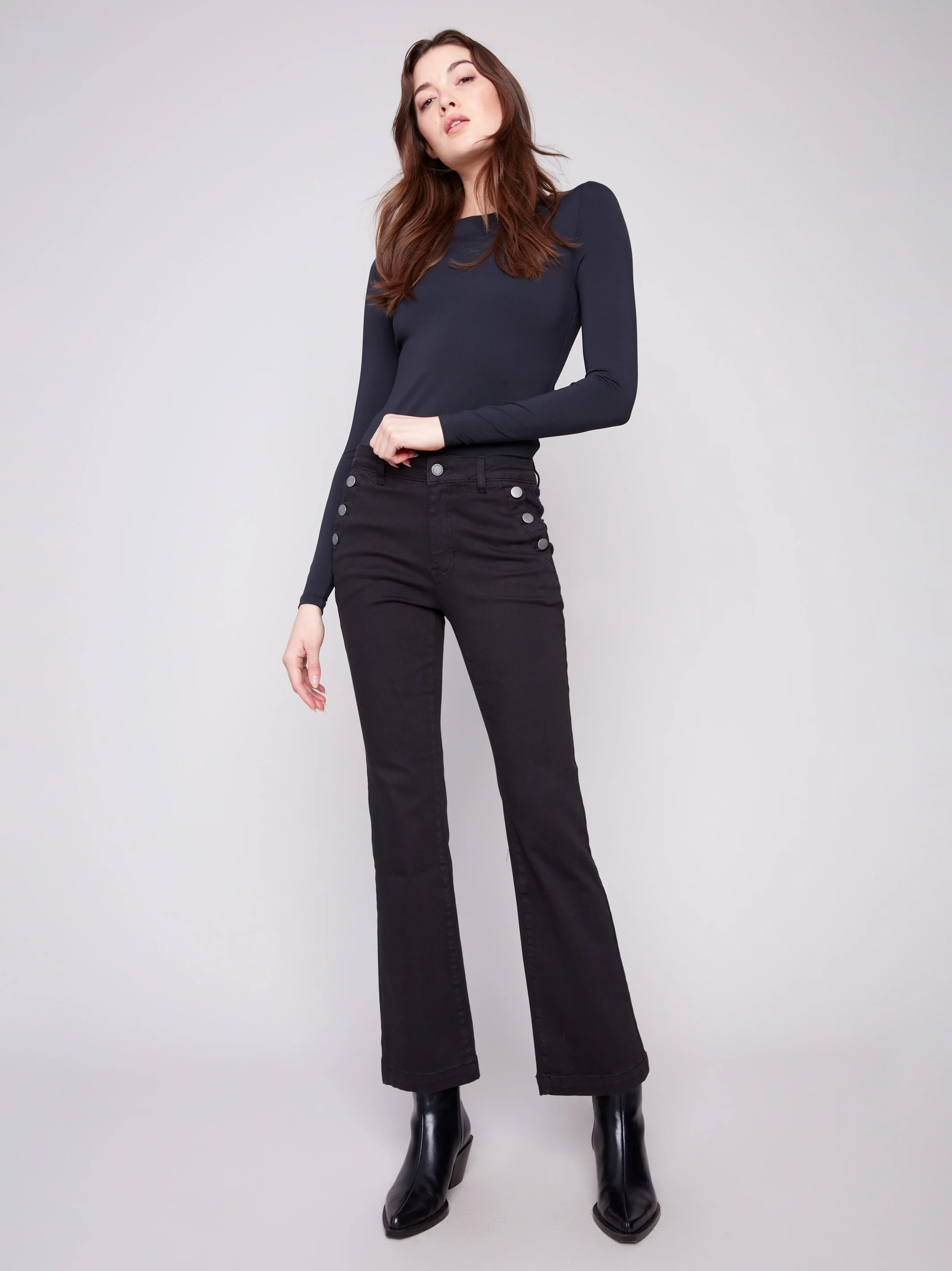 Flare Leg Stretch Twill Pants With Buttons - Black - WHSBYS