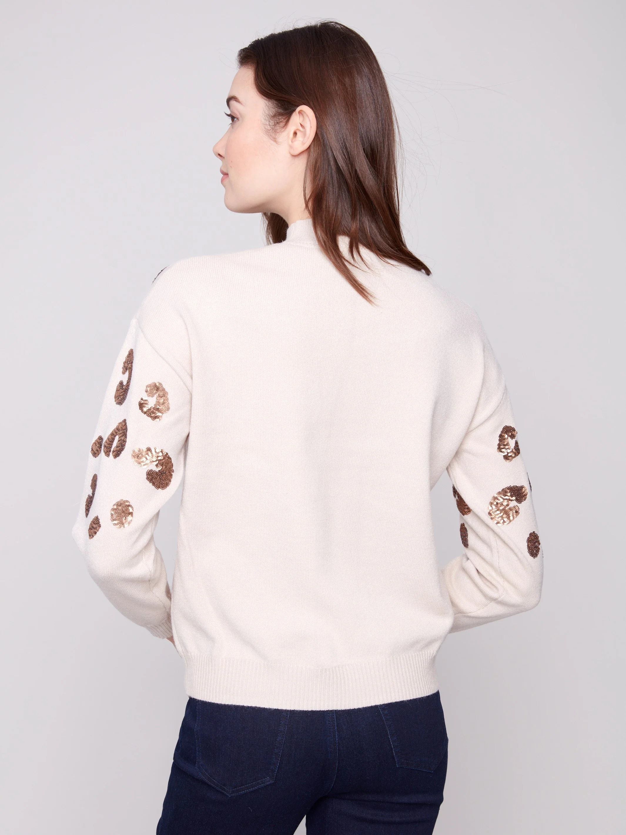 Mock Neck Sweater With Animal Print Sequin Detail - Heather Oat - WHSBYS