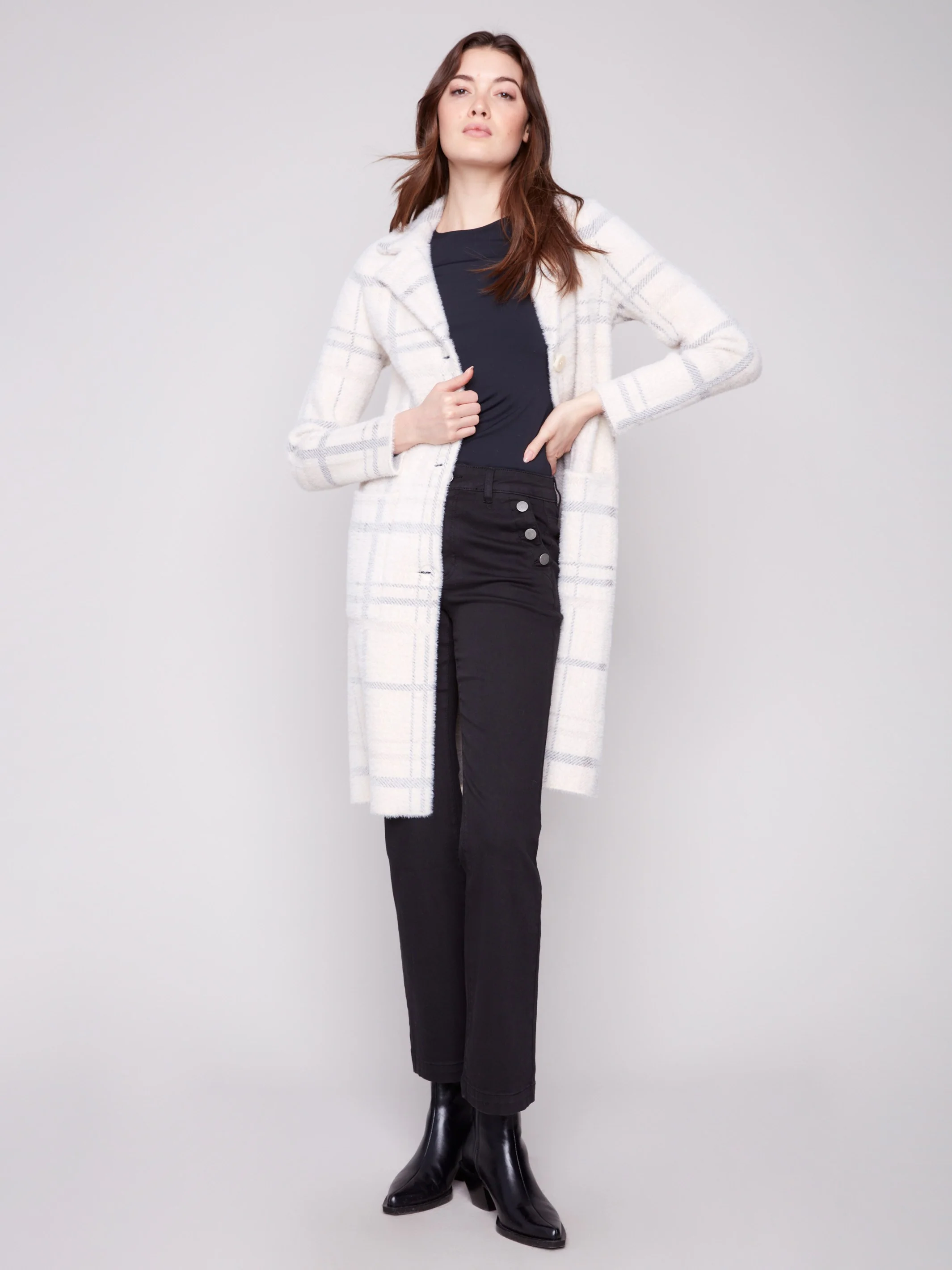 Long Plaid Knit Coatigan - Ivory - WHSBYS