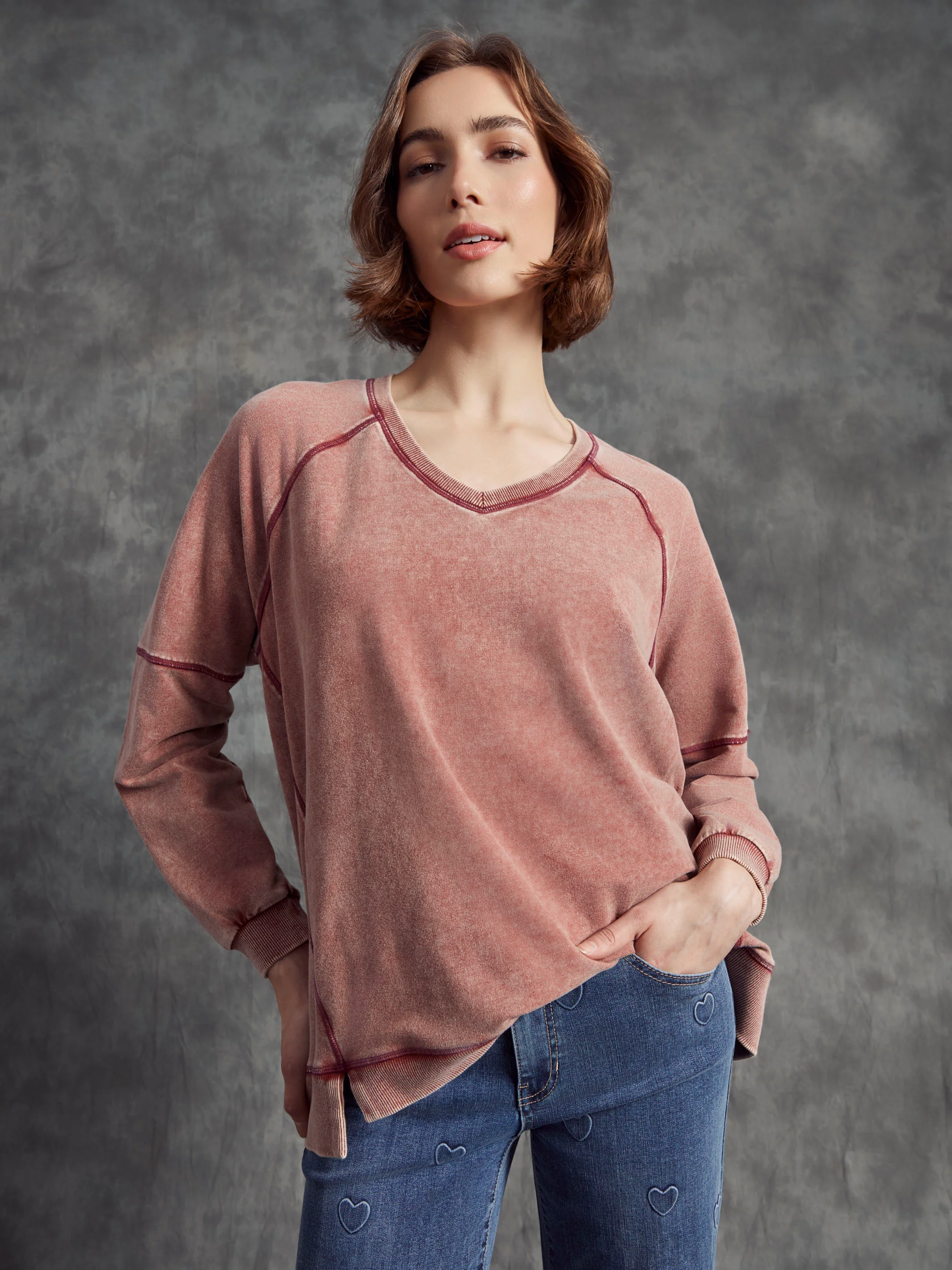 Cold Dye French Terry V-Neck Top - Cabernet - WHSBYS