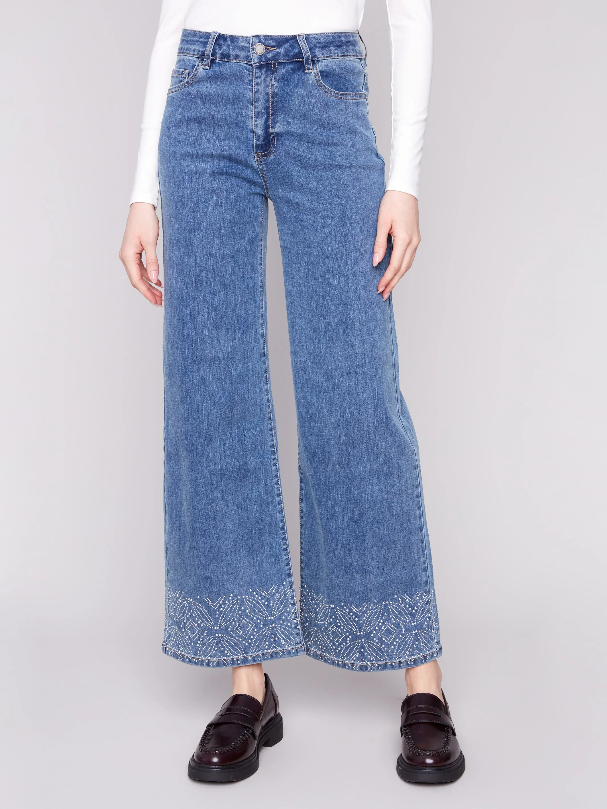 Wide Leg Jeans With Studded Hem - Medium Blue - WHSBYS