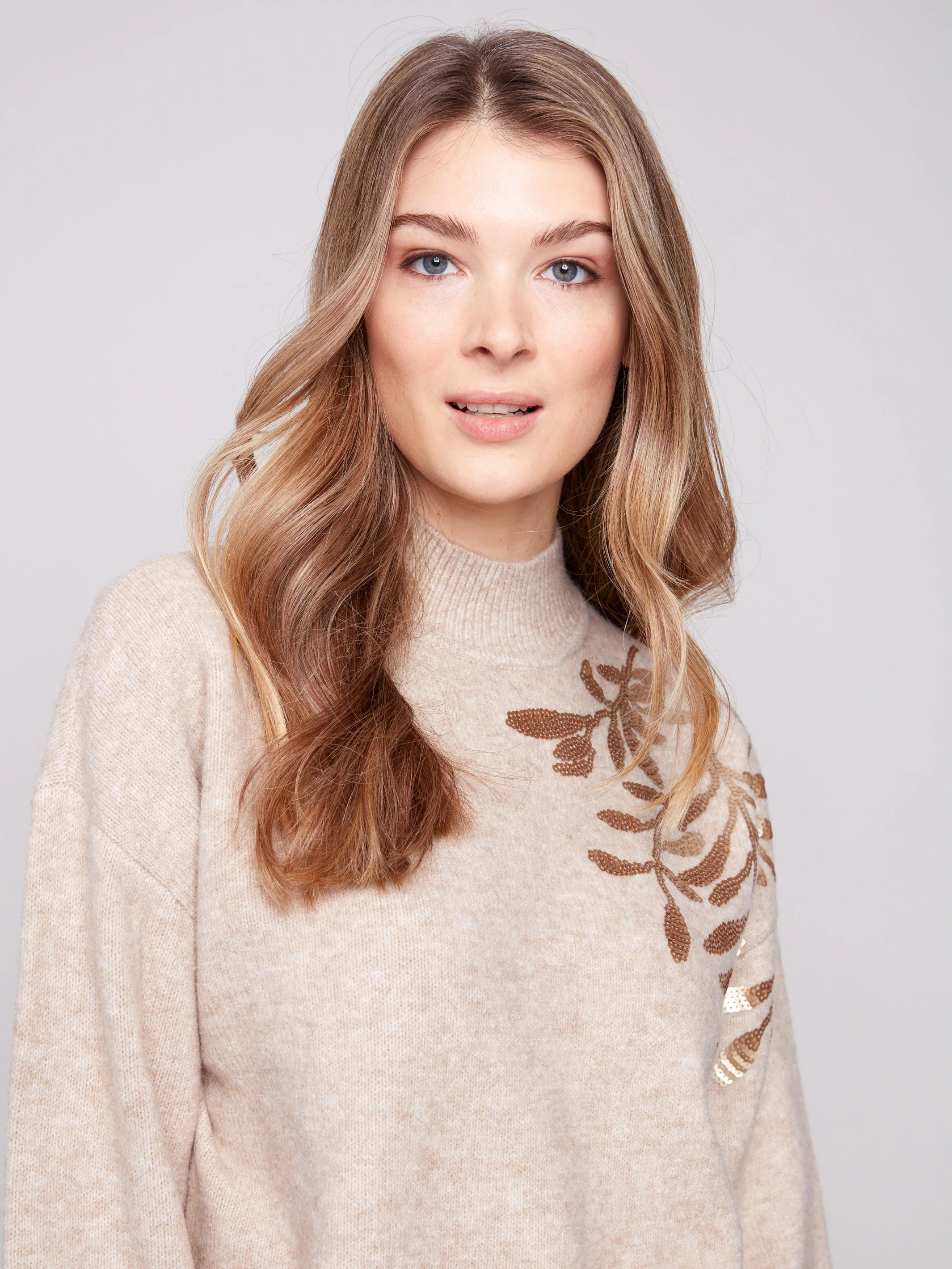Mock Neck Sweater with Sequin Detail - Heather Oat - WHSBYS