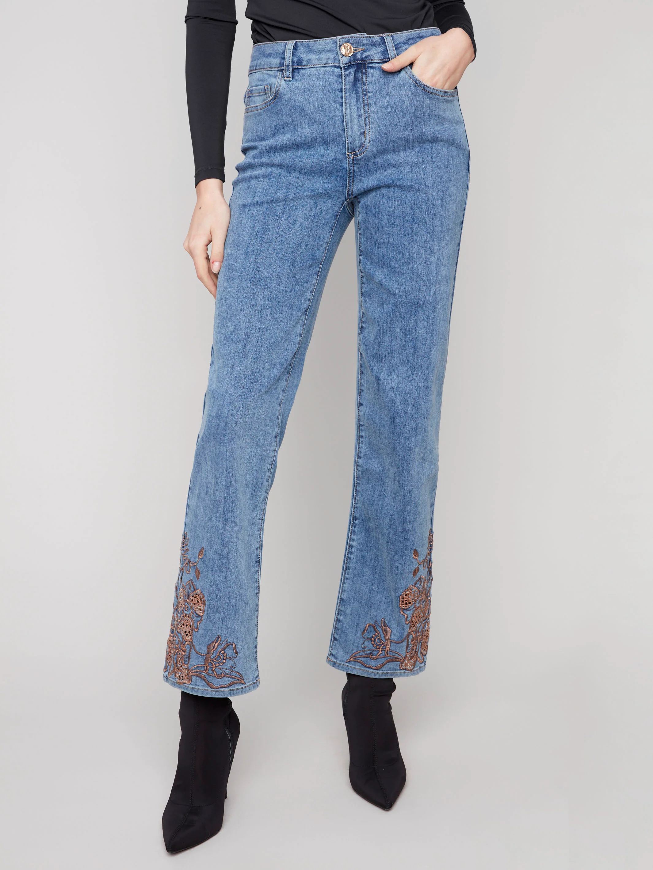 Straight Leg Jeans With Lace Embroidery - Medium Blue - WHSBYS