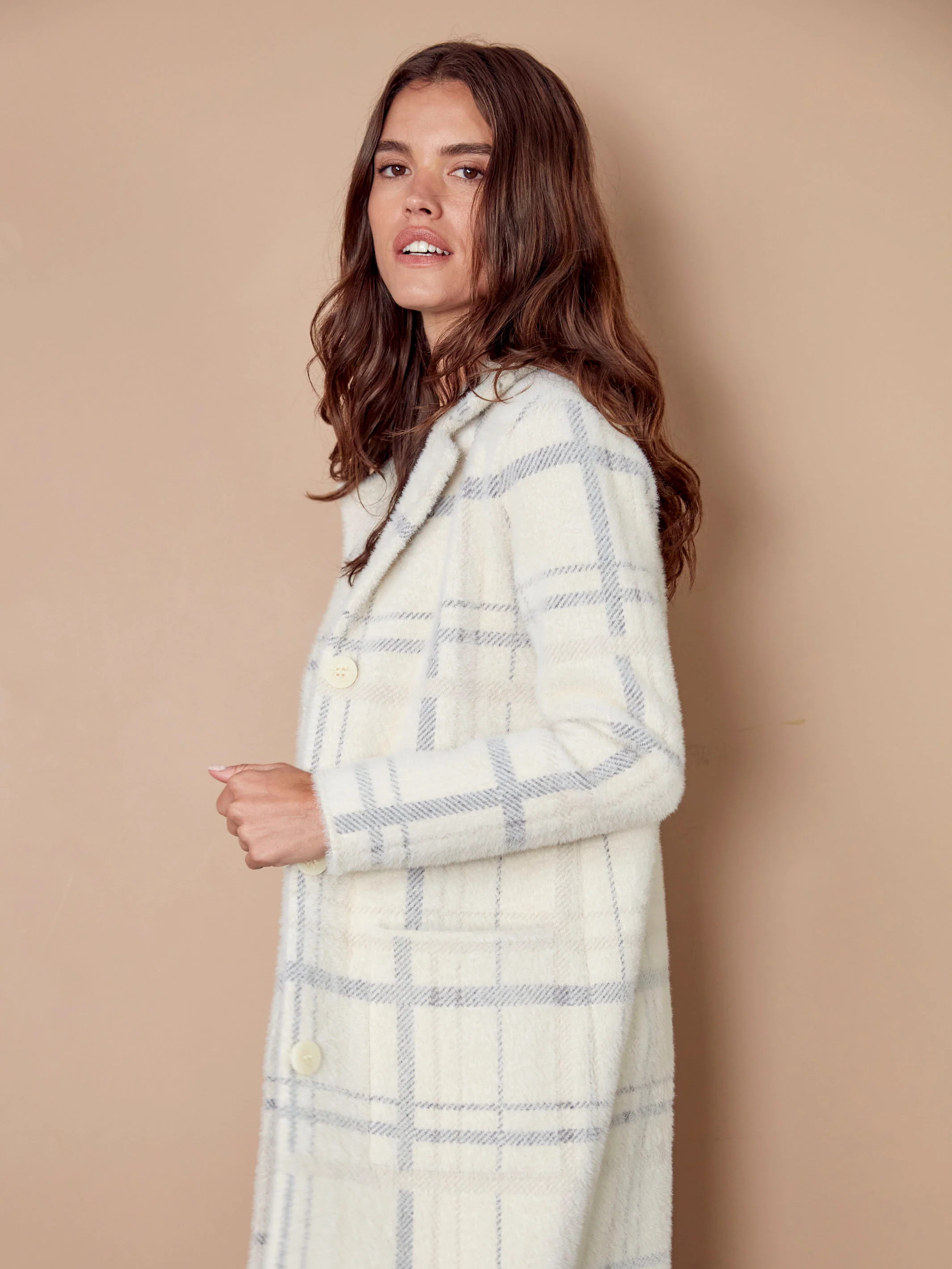 Long Plaid Knit Coatigan - Ivory - WHSBYS