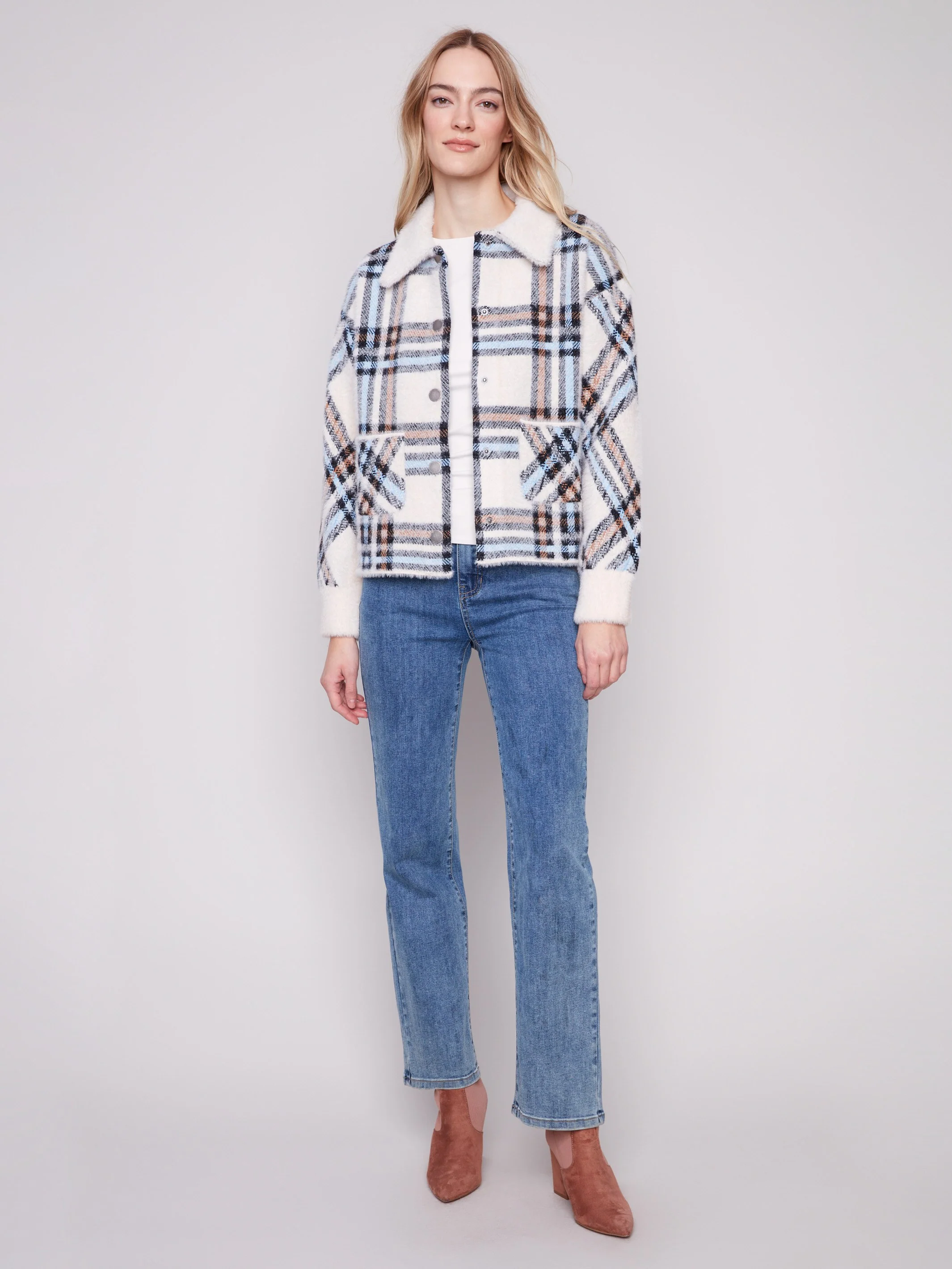 Short Plaid Knit Jacket - Ecru - WHSBYS