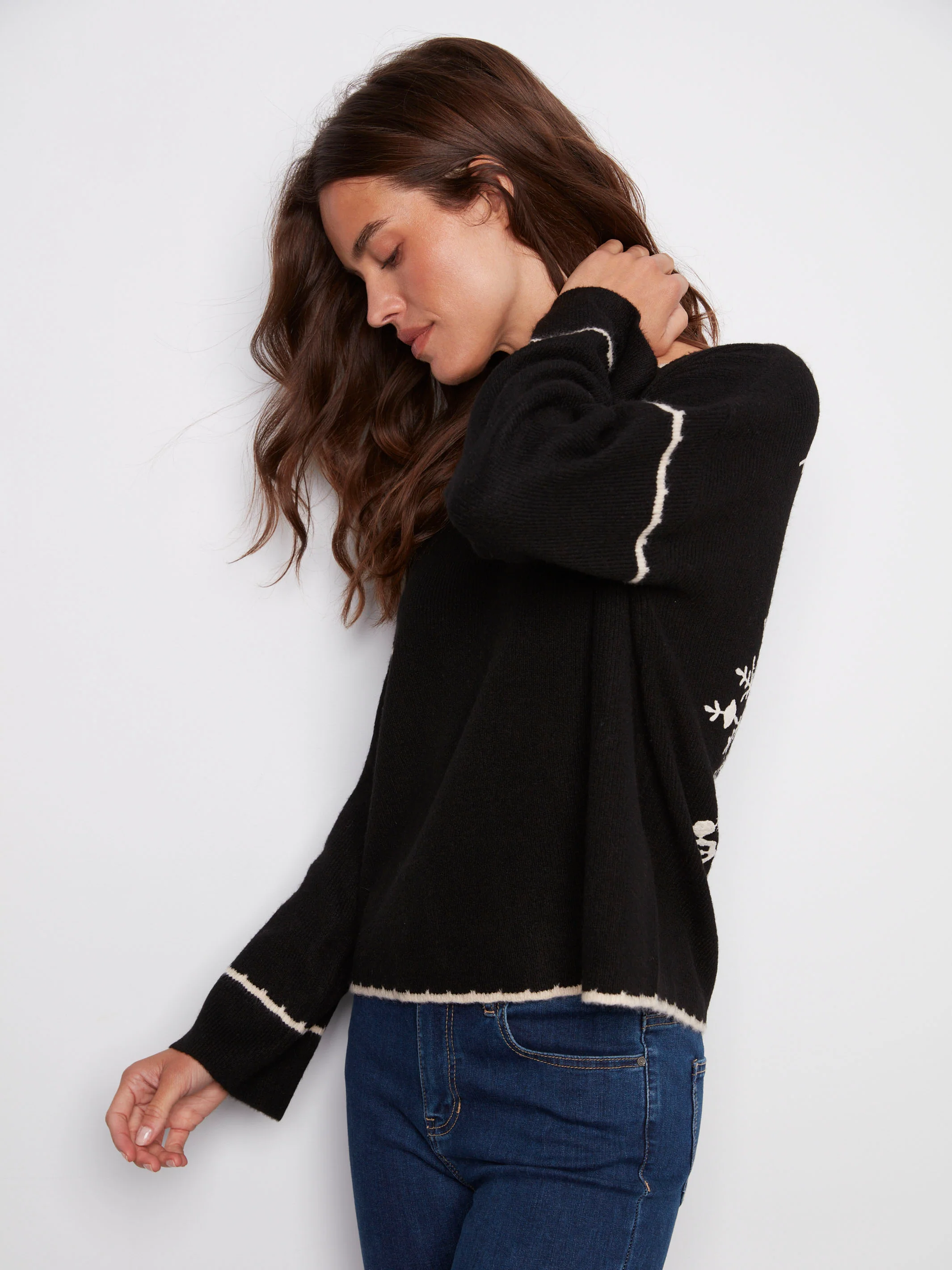 Embroidered Ribbed Sweater with Notch Neck - Black - WHSBYS