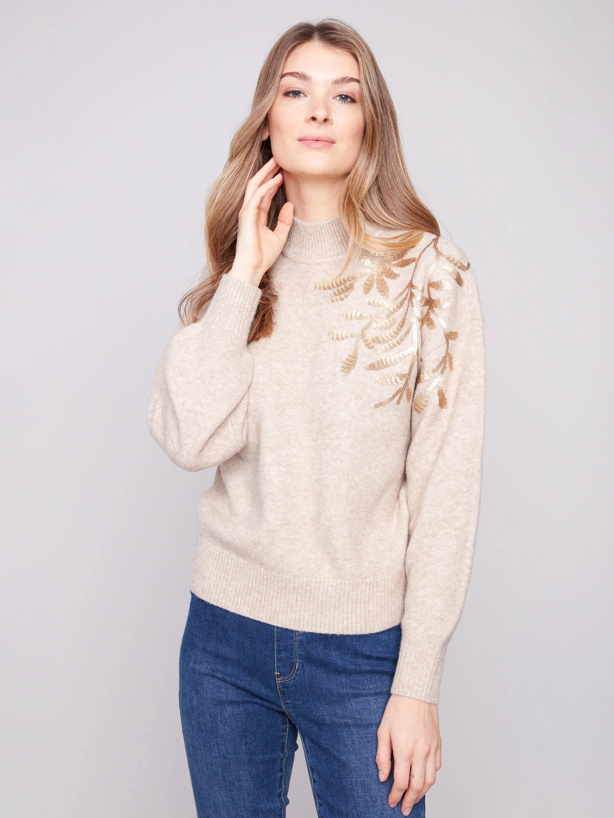 Mock Neck Sweater with Sequin Detail - Heather Oat - WHSBYS