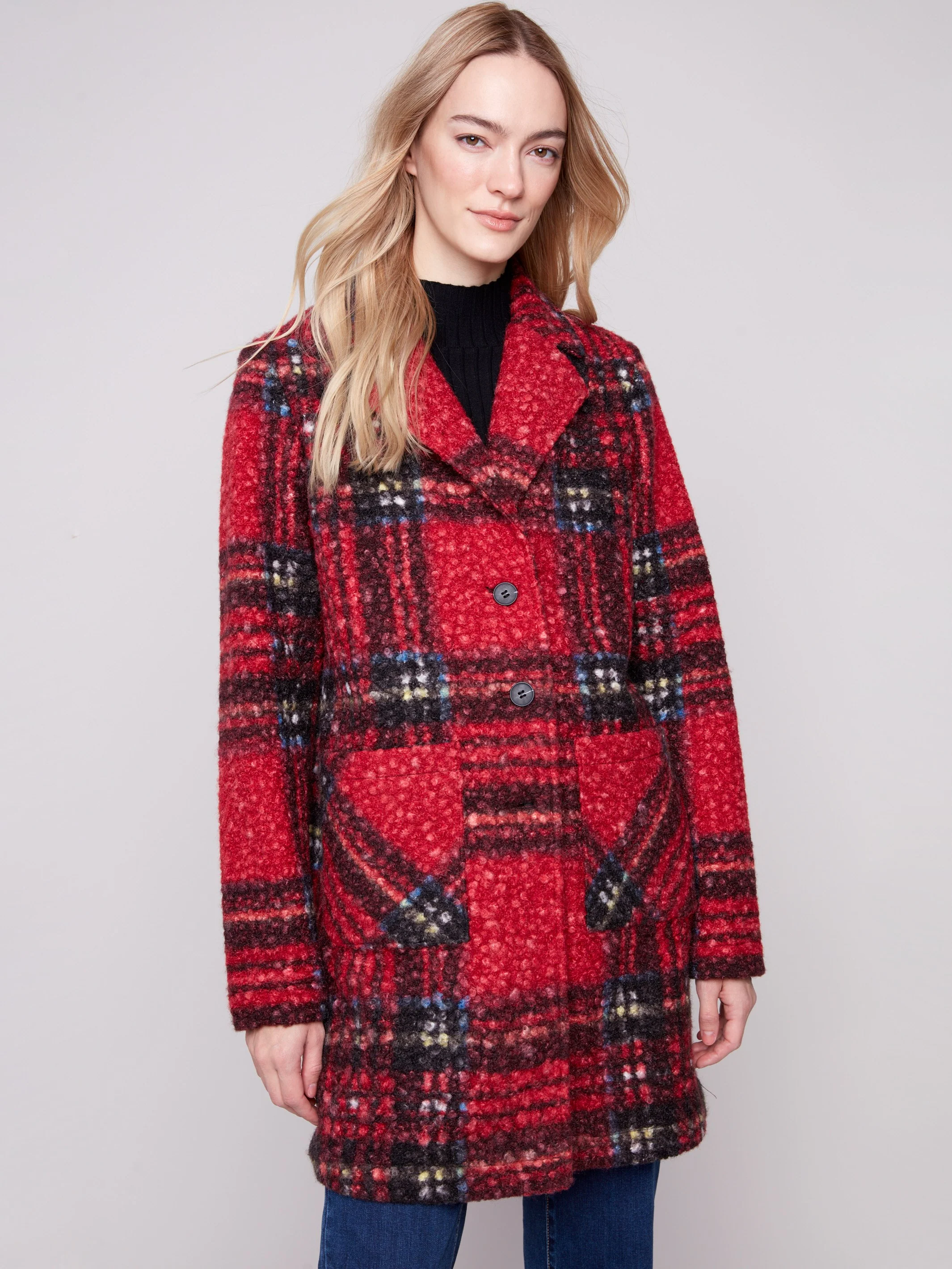 Plaid Bouclé Knit Coat - Cranberry - WHSBYS