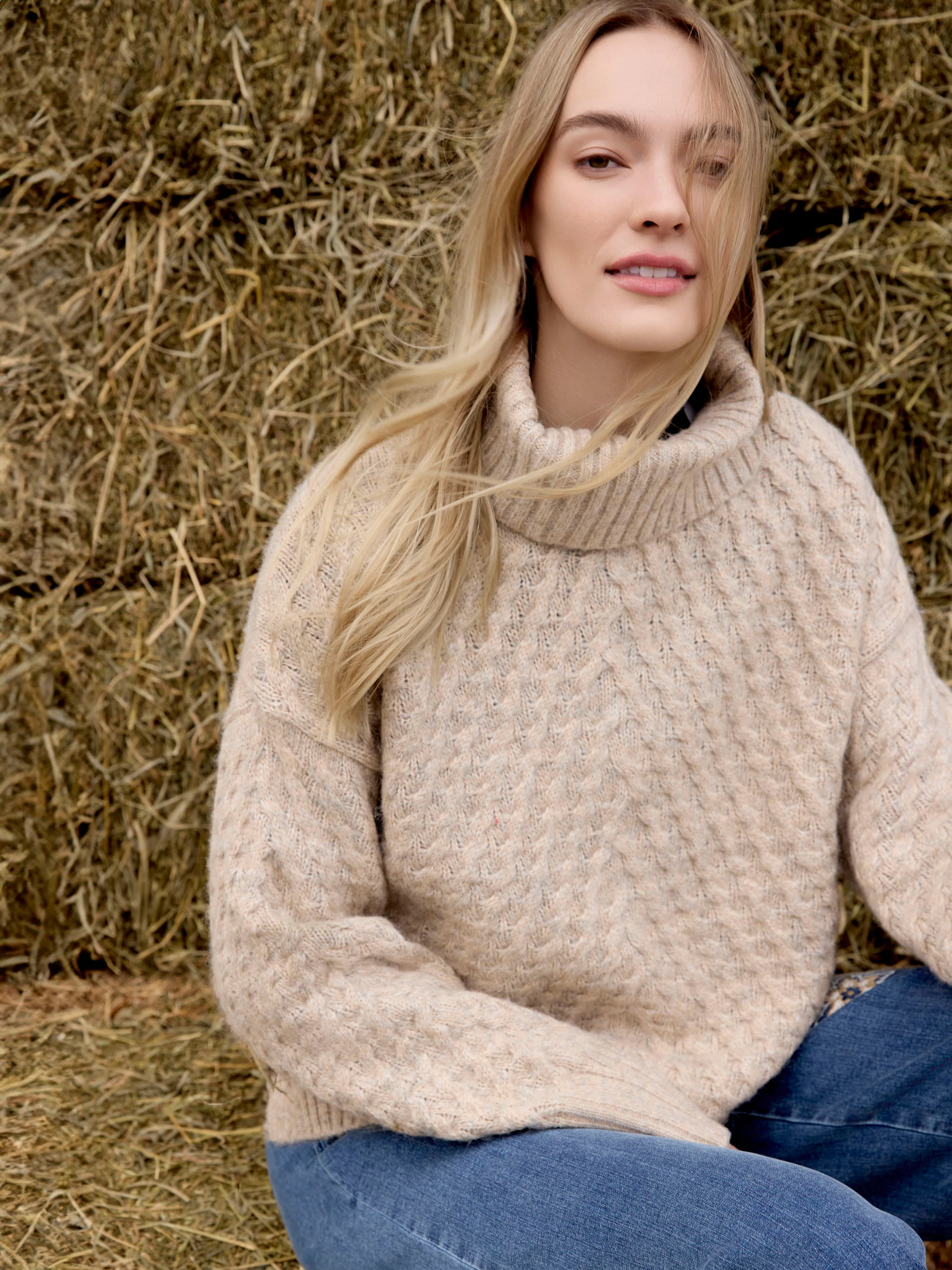 Cowl Neck Diagonal Cable Sweater - Heather Oat - WHSBYS