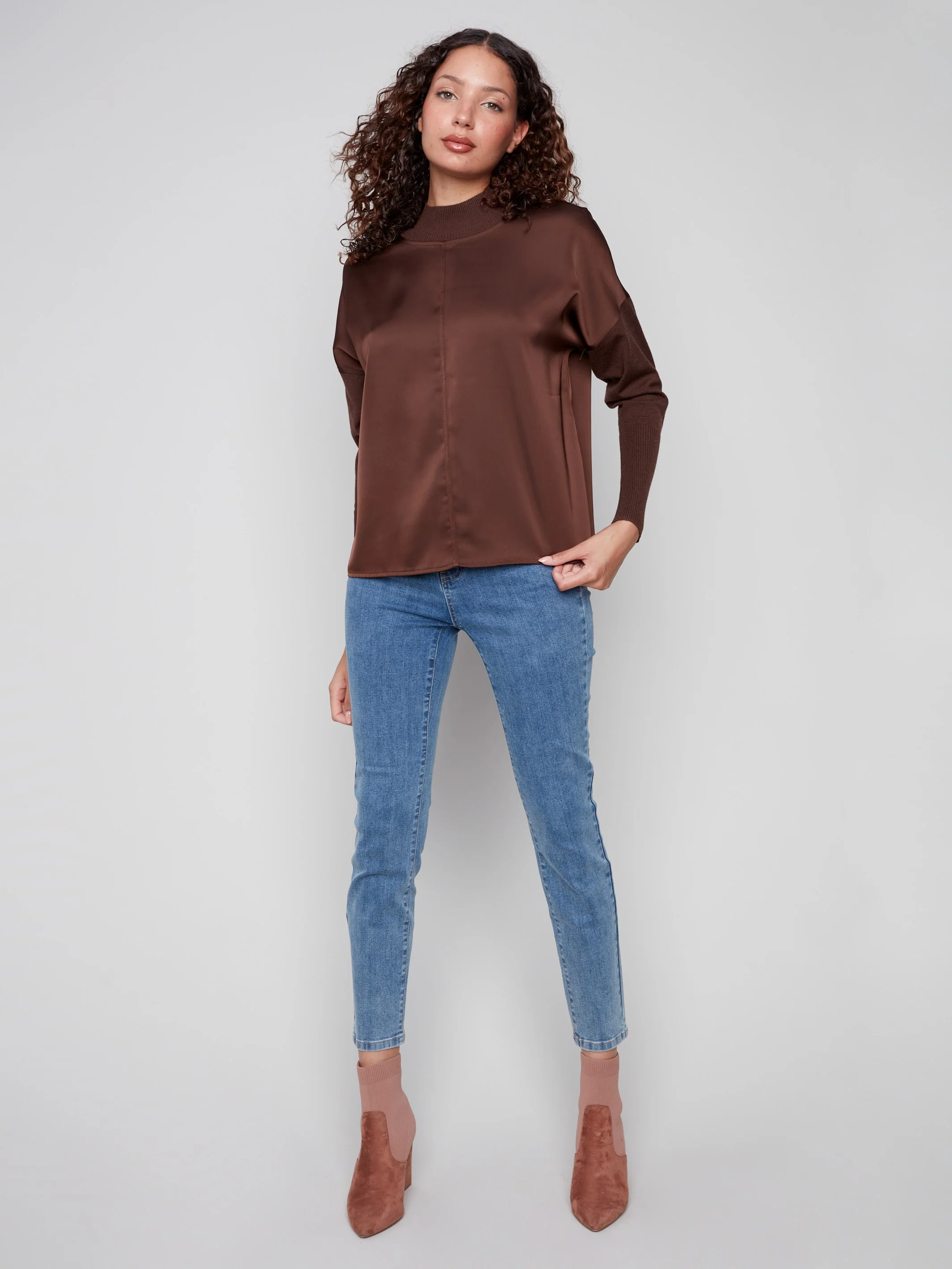 Satin Knit Top With Mock Neck - Mocha - WHSBYS