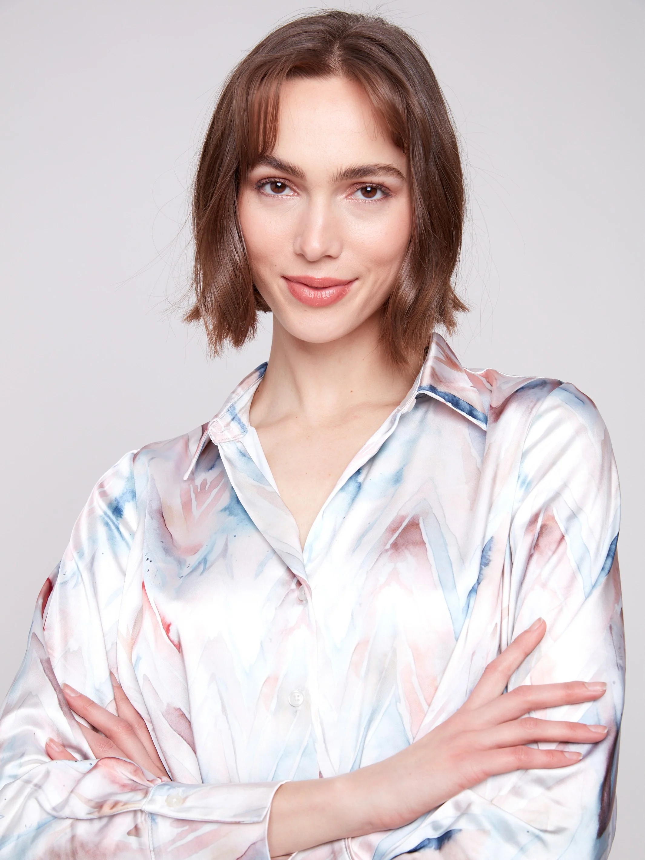 Printed Satin Button-Down Shirt With Twisted Front - Chevron - WHSBYS
